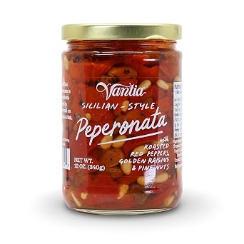 Vantia Sicilian Peperonata 12 oz | Sweet & Tangy Roasted Red Peppers with Pignoli Nuts & Golden Raisins | No Preservatives | Perfect for Crostini, Sandwiches & Grilled Meats