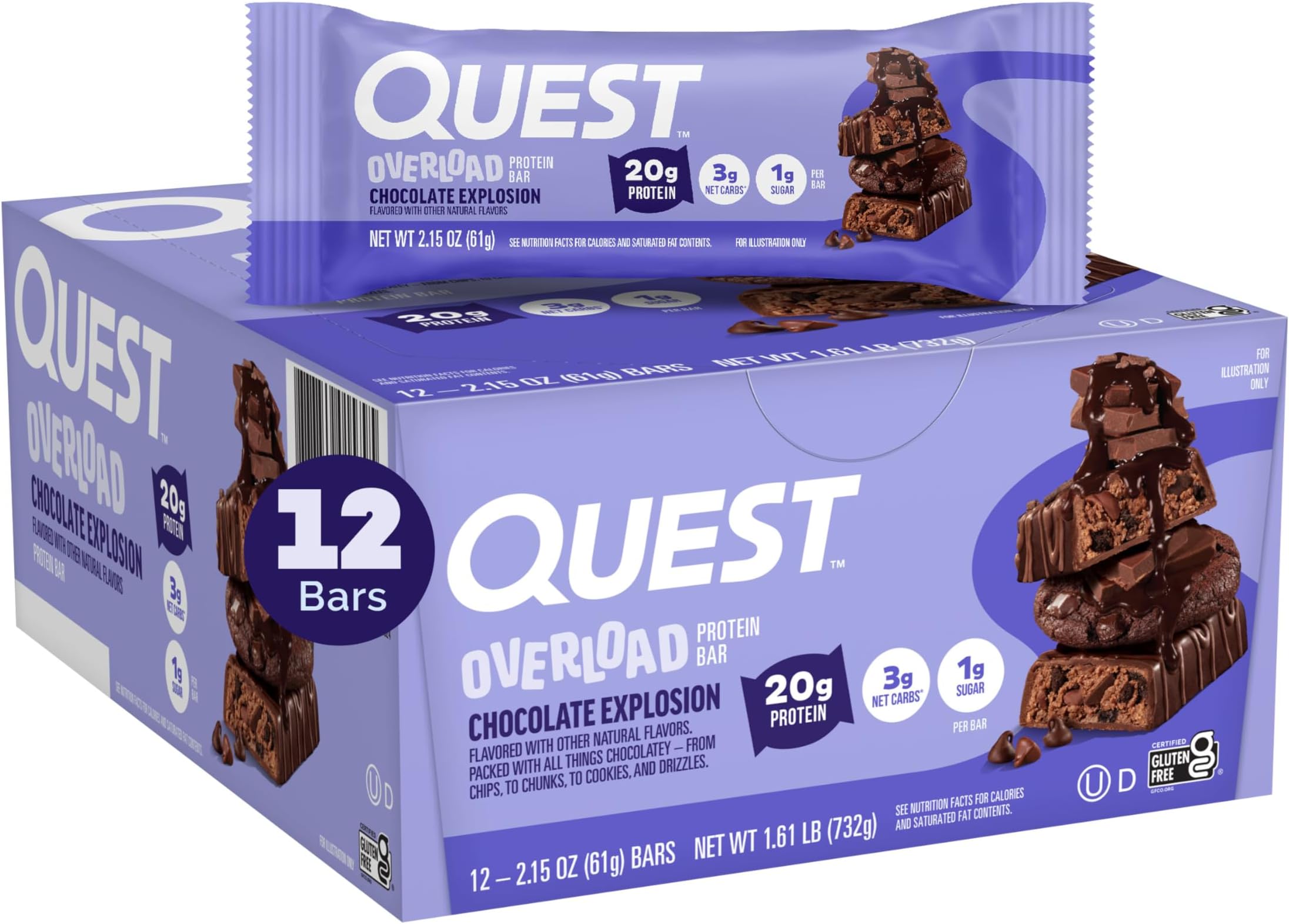 Nutrition Overload Protein Bars, Chocolate Explosion, 20g Protein, 1g Sugar, 3g Net Carbs, Gluten Free, 12 Count