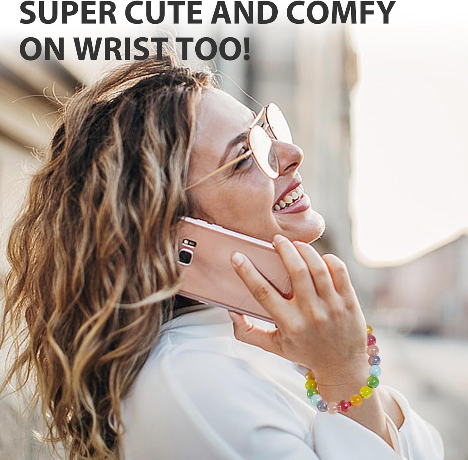 Phone Charm Strap, Glass Pearl Beaded Bracelet with Tether Tab & Metal Buckle for Cellphone, Wrist Keychain for Car Keys with D Ring for Women. - Image 6