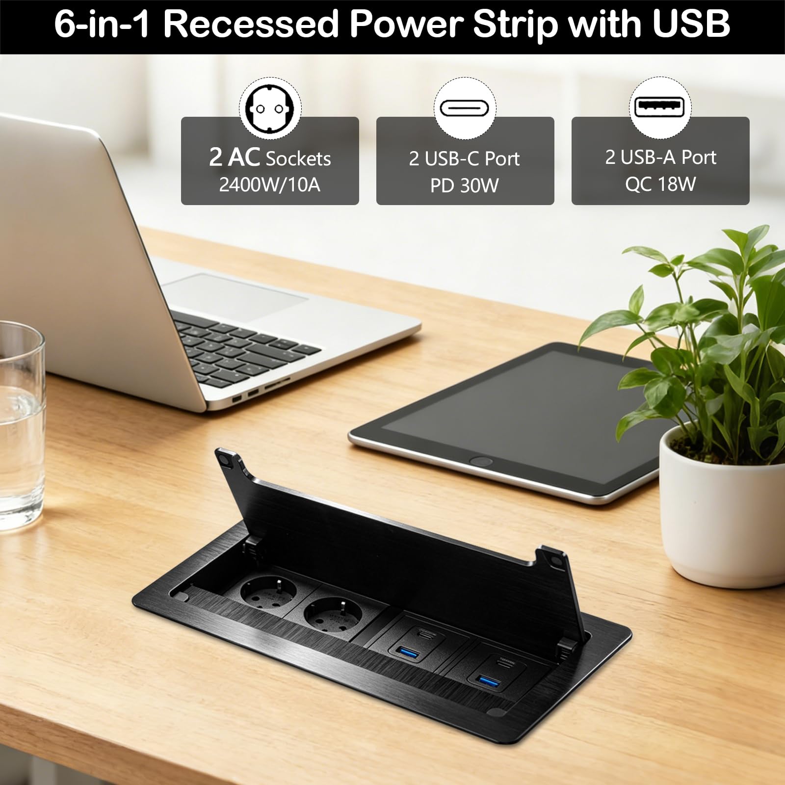 Prise Encastrable en Aluminium avec 2 Prises de Courant, 2 Ports USB-C PD 30W et 2 Ports USB-A, Multiprise Encastrable pour Cuisine, Plan de Travail et Bureau, 1.8M Câble
