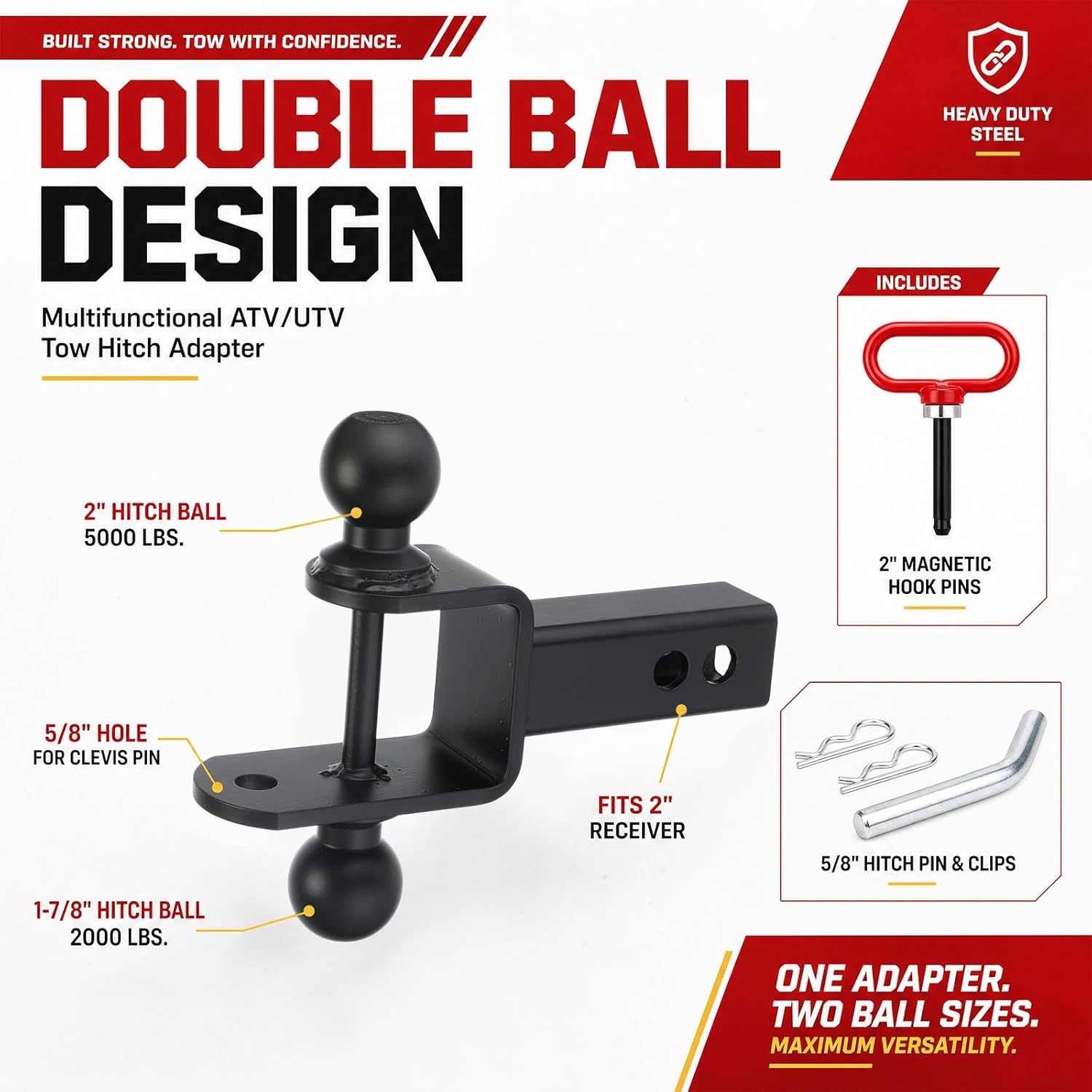 Timtin Dual Ball Trailer Hitch Receiver for ATV/UTV 3-in-1 Multi-Function Hitch Mount with 2" & 1-7/8" Balls, 5000 lbs Towing Capacity, Fits 2" Receiver, 1" Rise, Includes Pin