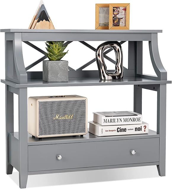 COSTWAY Console Table, Wooden Narrow Hall Desk Sofa Side Table with Drawer and Open Storage Shelves, X-Shaped End Display Accent Table for Living Room Bedroom Entryway Hallway (Grey)