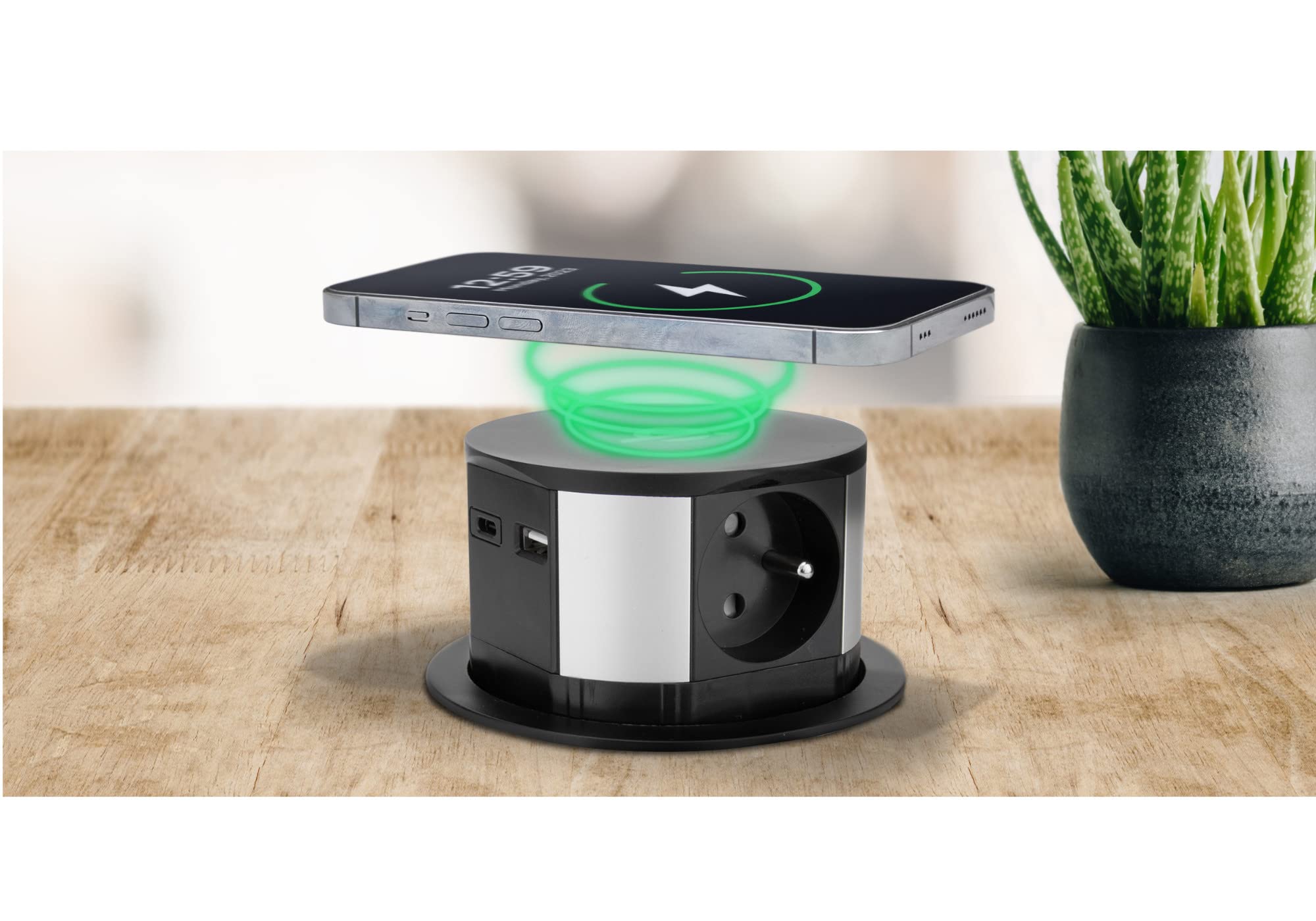 ORNO GM-9017(GS) Presa da mobile estraibile Ø10cm con caricatore induttivo, caricatore USB e cavo da 1,5m - 3x2P+T (Schuko) - Qi 1.2.4 max. - 10W - 2xUSB QC 3.0