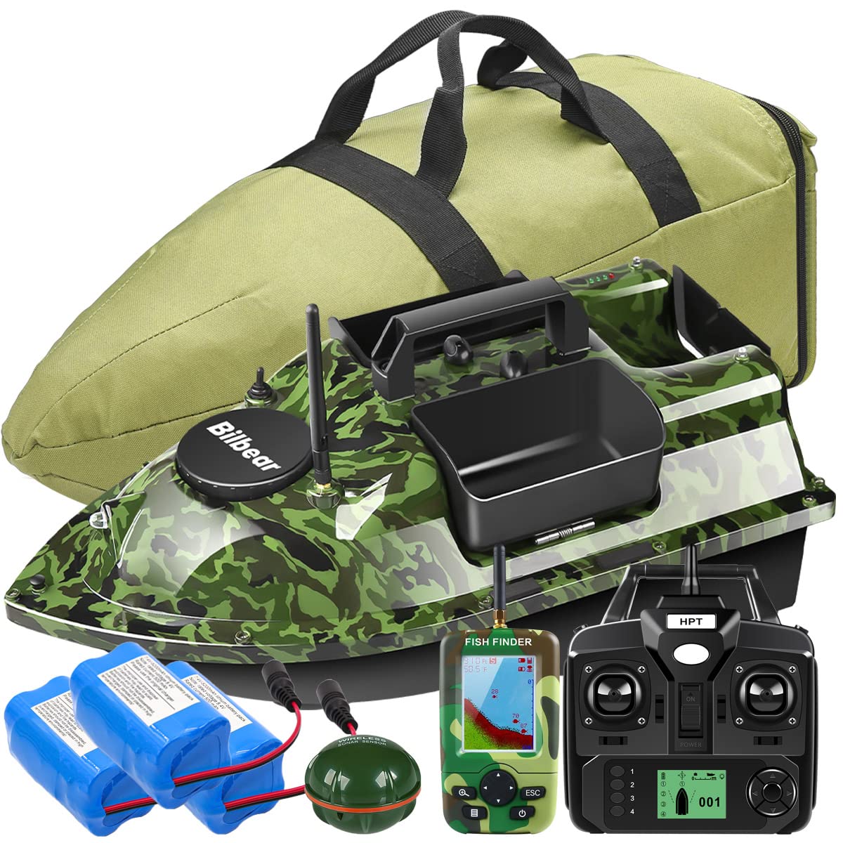 barco de cebo GPS con echólot y GPS, 3 compuertas, suministro de cebo, pesca con sensor sonar, batería de repuesto, bolso (Camo Boot con buscador de pescados)