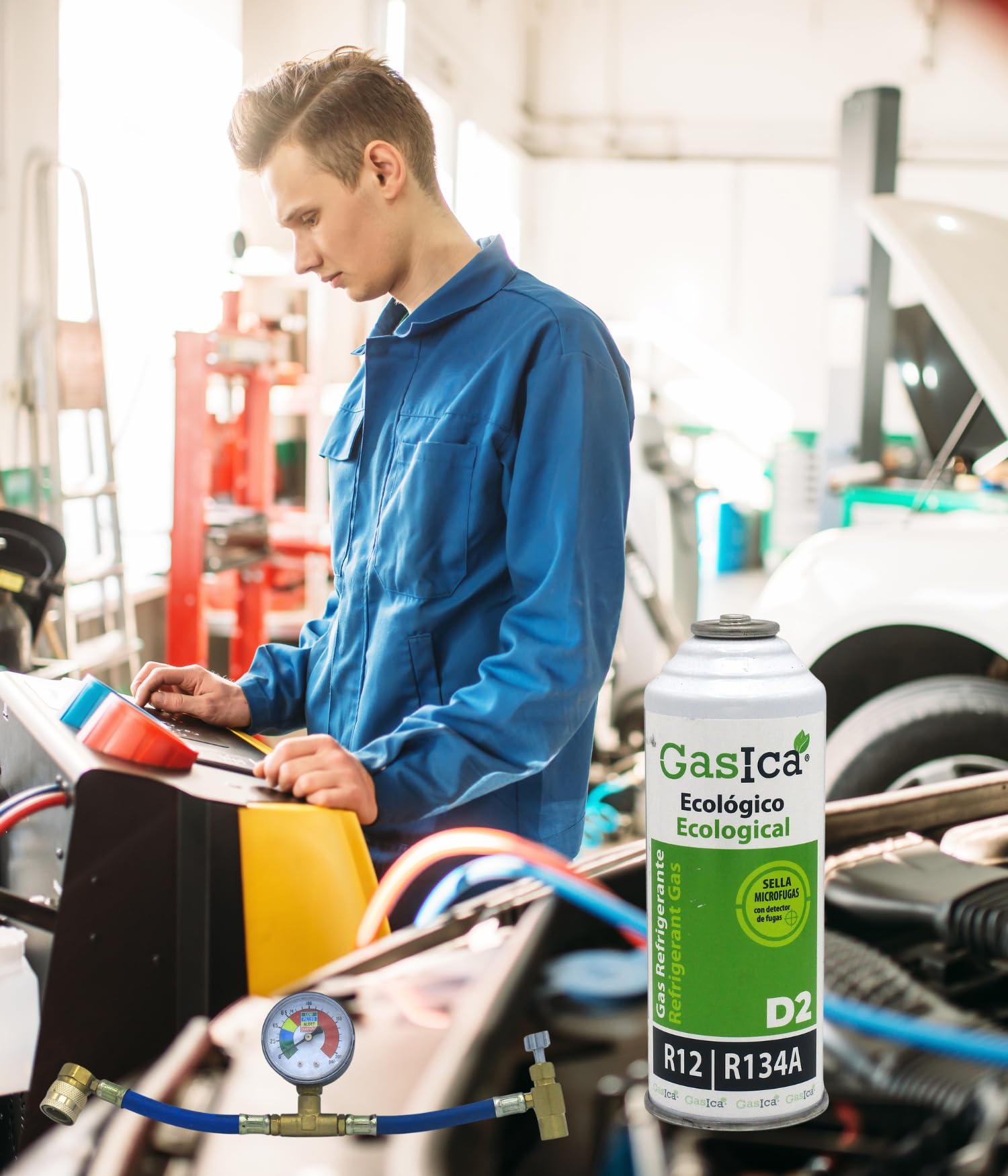 Pack Ahorro gásica, Gas Organico Ecologico Alternativo R134a y R12 Gasica, El Kid De Compone De Dos Unidades Mas Una Manguera De Carga con Manómetro, Uso Profesional