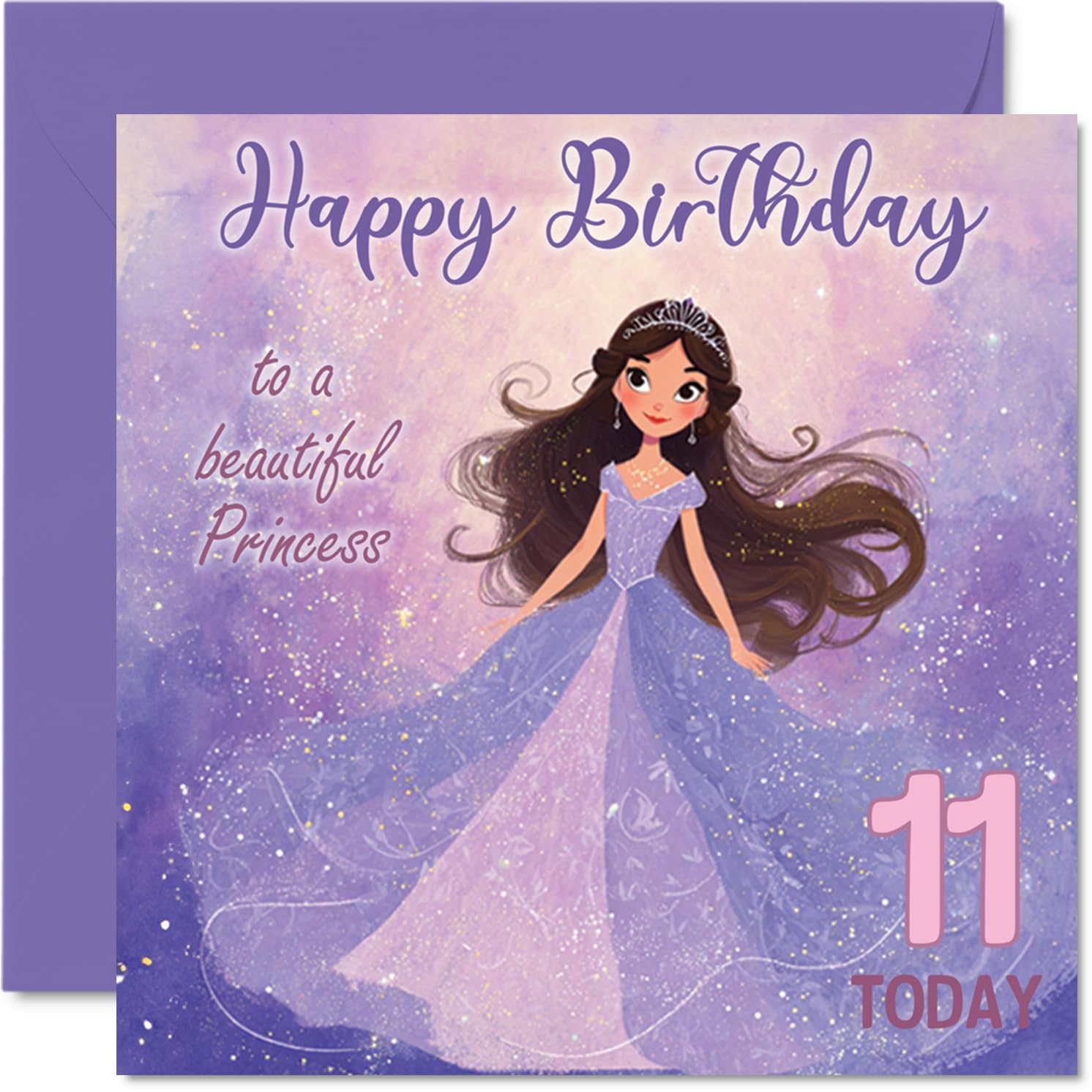 11th Birthday Cards for Girls - Princess in Purple - Happy Birthday Card for 11 Year Old Girl Cousin Daughter Sister Goddaughter, 145mm Bday Greeting Cards