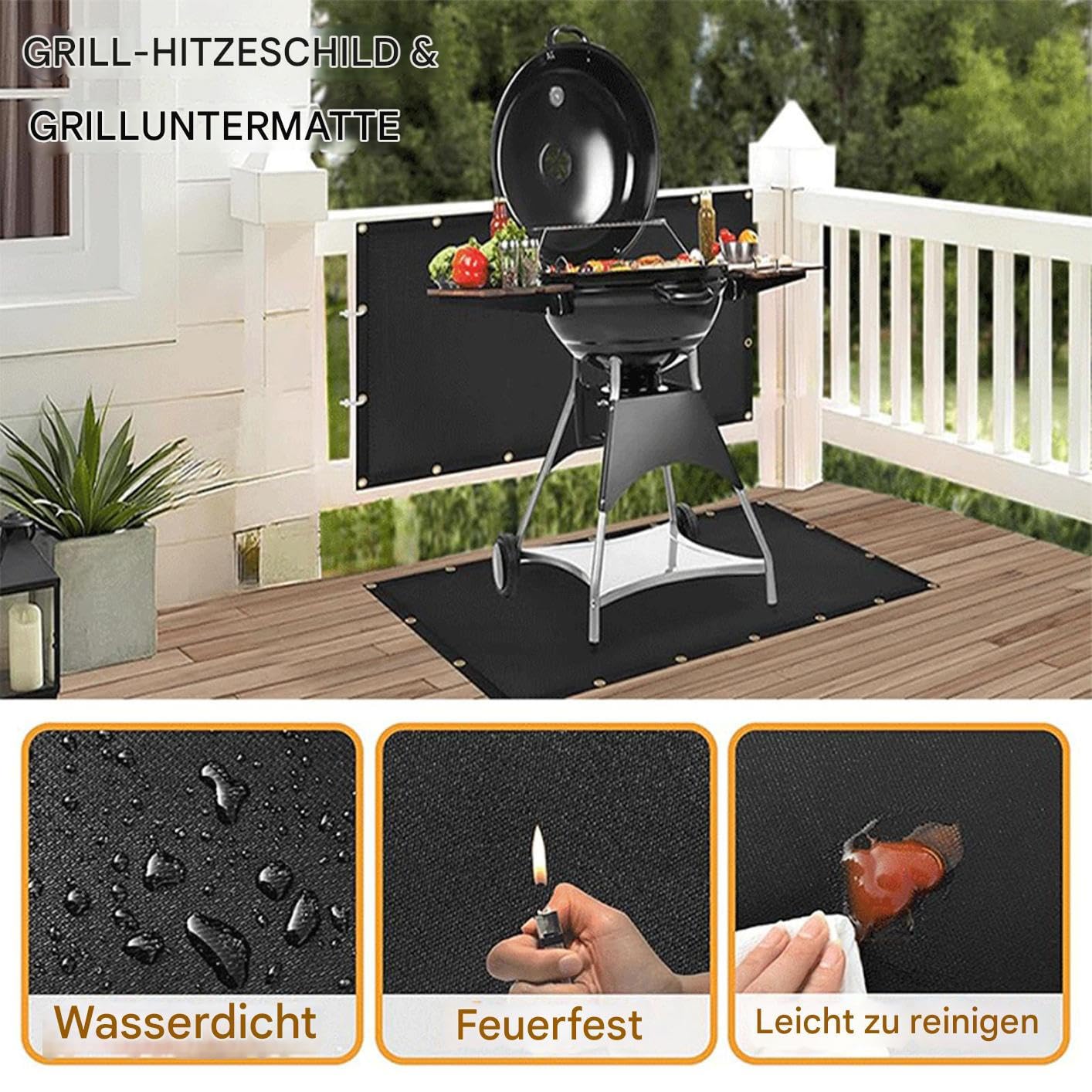 Barrière de sécurité pour barbecue – Tapis ignifuge noir, panneau réfléchissant la chaleur, couche robuste avec revêtement de protection | Couverture solide pour arrière-cour, cuisine, camping, jardin