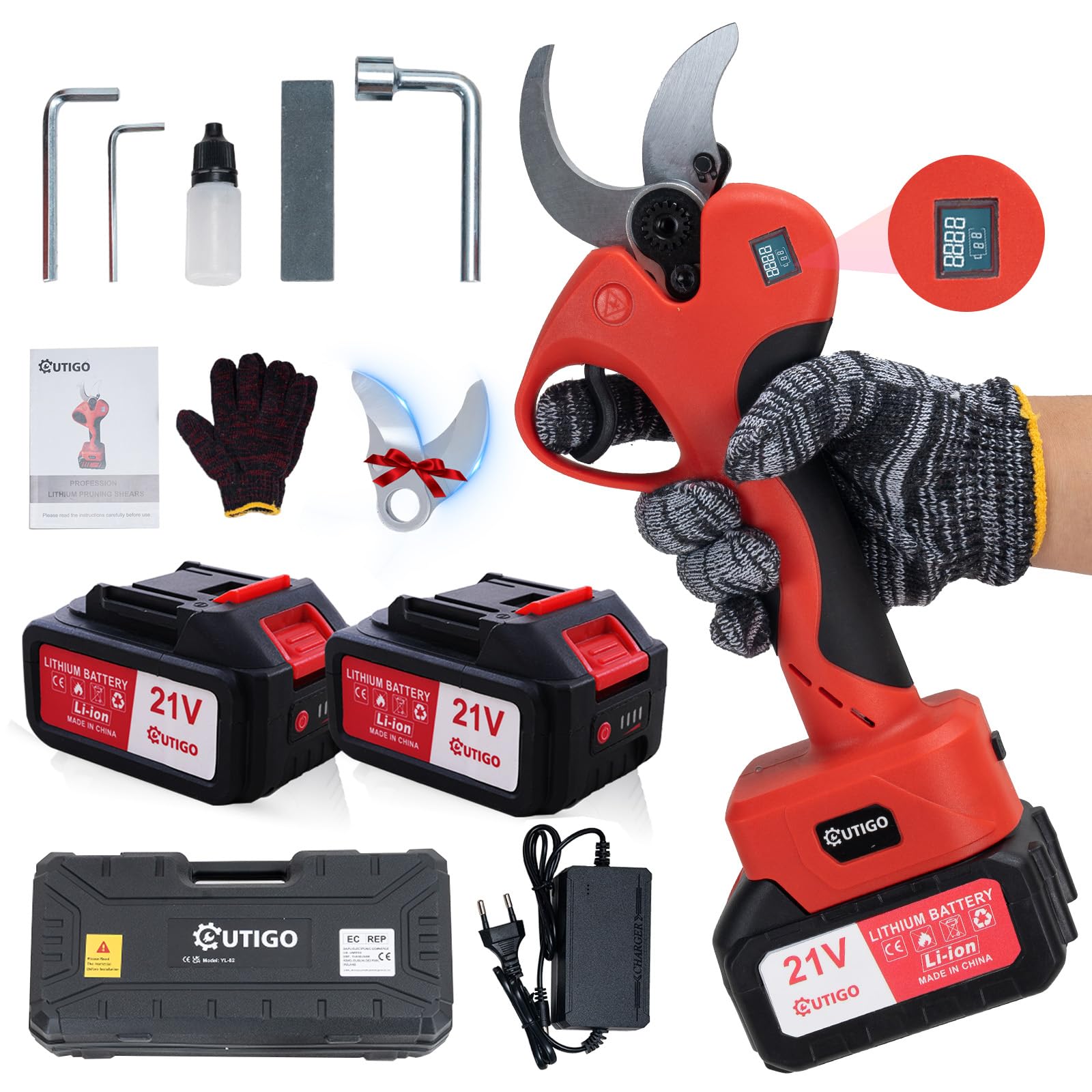 OUTIGO Tijeras de Podar Eléctricas, Tijeras de Podar con Baterías 2x3000mAh, Tijeras de Poda de 40 mm con Display, Tijeras de Podar 800W con Motor Brushless para Jardinería, Árboles Frutales, Viñedos