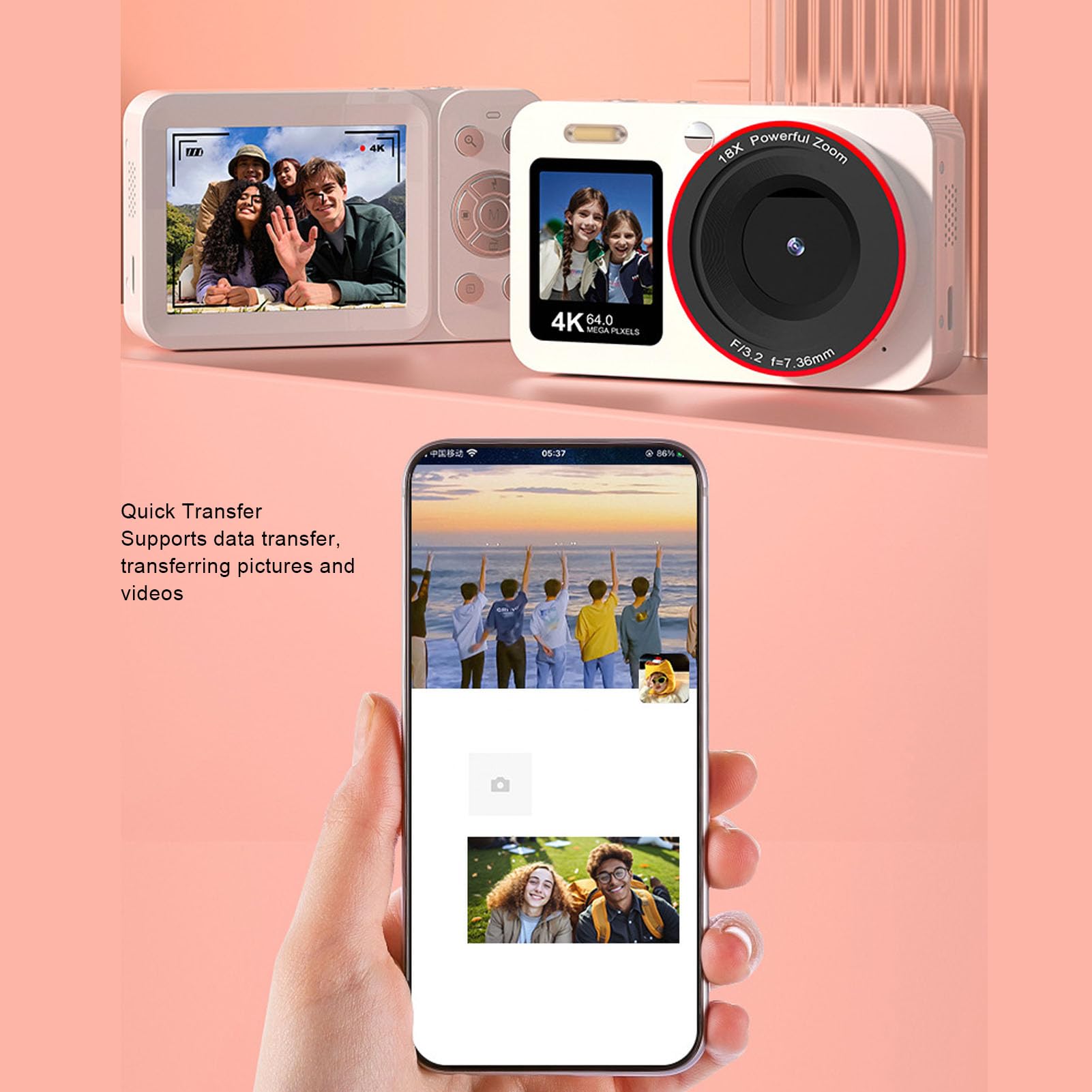 VBESTLIFE Fotocamera Digitale 4K per Fotografia, Fotocamera Selfie con Doppio Schermo HD da 64 MP e Zoom 18X, Flash Integrato, per Studenti Principianti e Adolescenti (WHITE)
