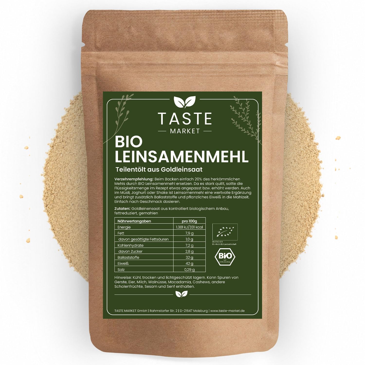 BIO Leinsamenmehl 10kg teilentölt Goldleinsaat kaltgepresst ballaststoffreiche Mehlalternative Taste Market