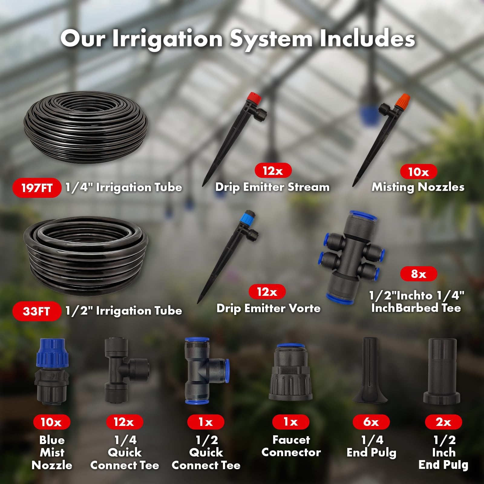 Sistema de riego por goteo de 230 pies, kit de riego por goteo de conexión rápida con manguera de riego de 1/4 pulgadas y 1/2 pulgadas y accesorios para sistema de riego de plantas de invernadero de