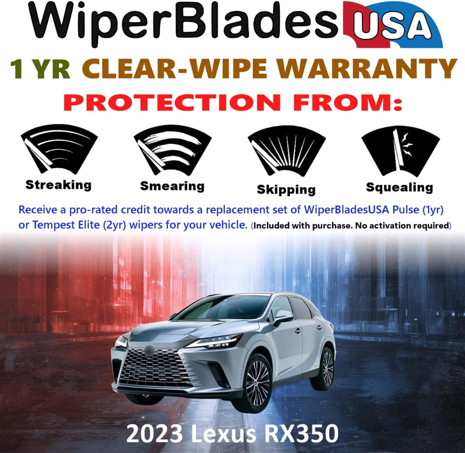 WiperBladesUSA Wiper Blades Set w/ 1yr warranty compatible with Lexus RX350 2023 Wipers (Set of 2) Pulse Wipers