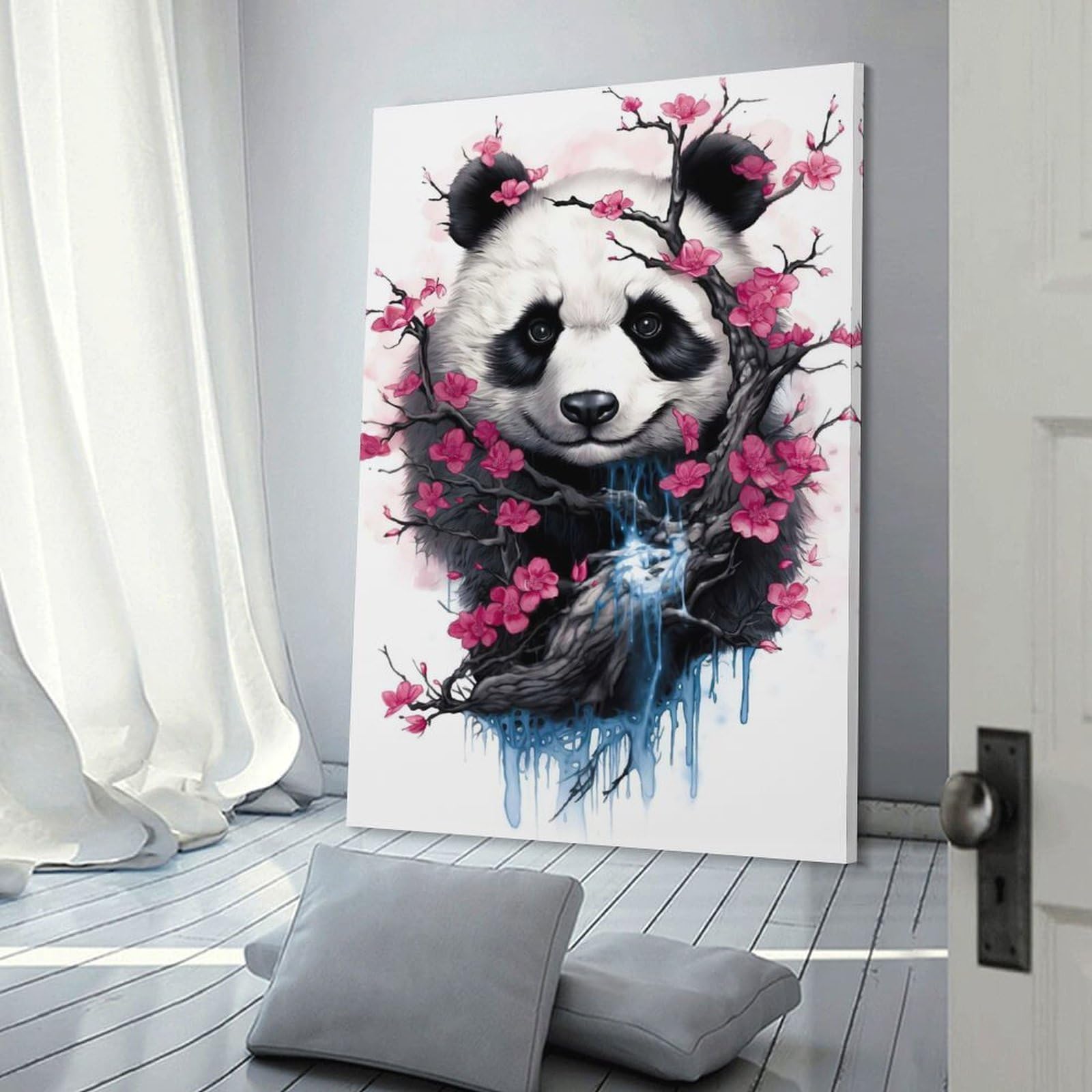 Junmoney Frame-Style-2 Decorative Wall Artwork Cherry Blossom Panda, 16X24inch(40X60cm), For Contemporary Homes, Apartments Or Offices, An Easy Choice For New Home Styling