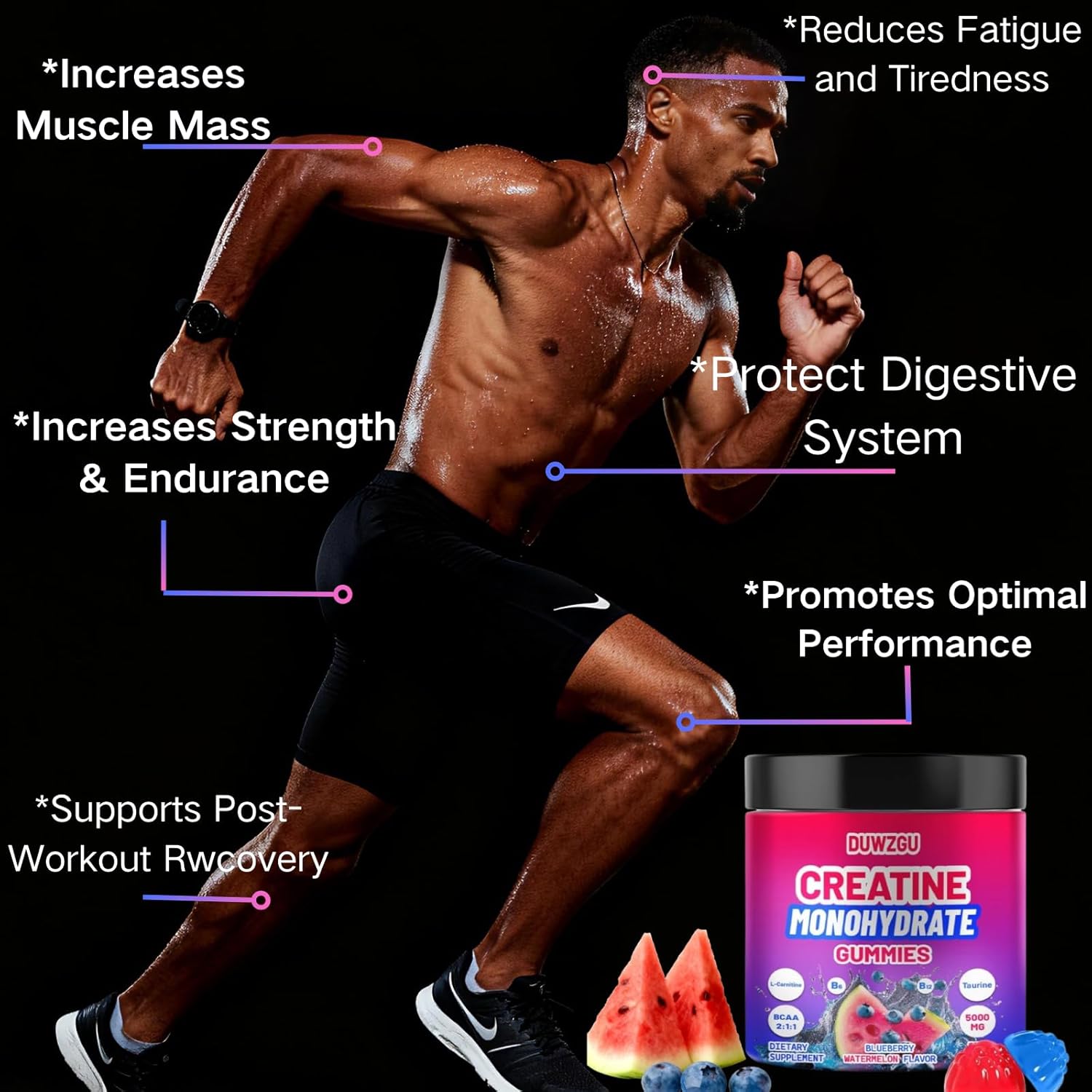 Creatine Monohydrate Gummies 5000mg for Men & Women, Chewables Creatine Monohydrate for Muscle Strength, Muscle Builder, Energy Boost, Pre-Workout Supplement Blueberry & Watermelon Flavor– 128 Gummies - Image 3