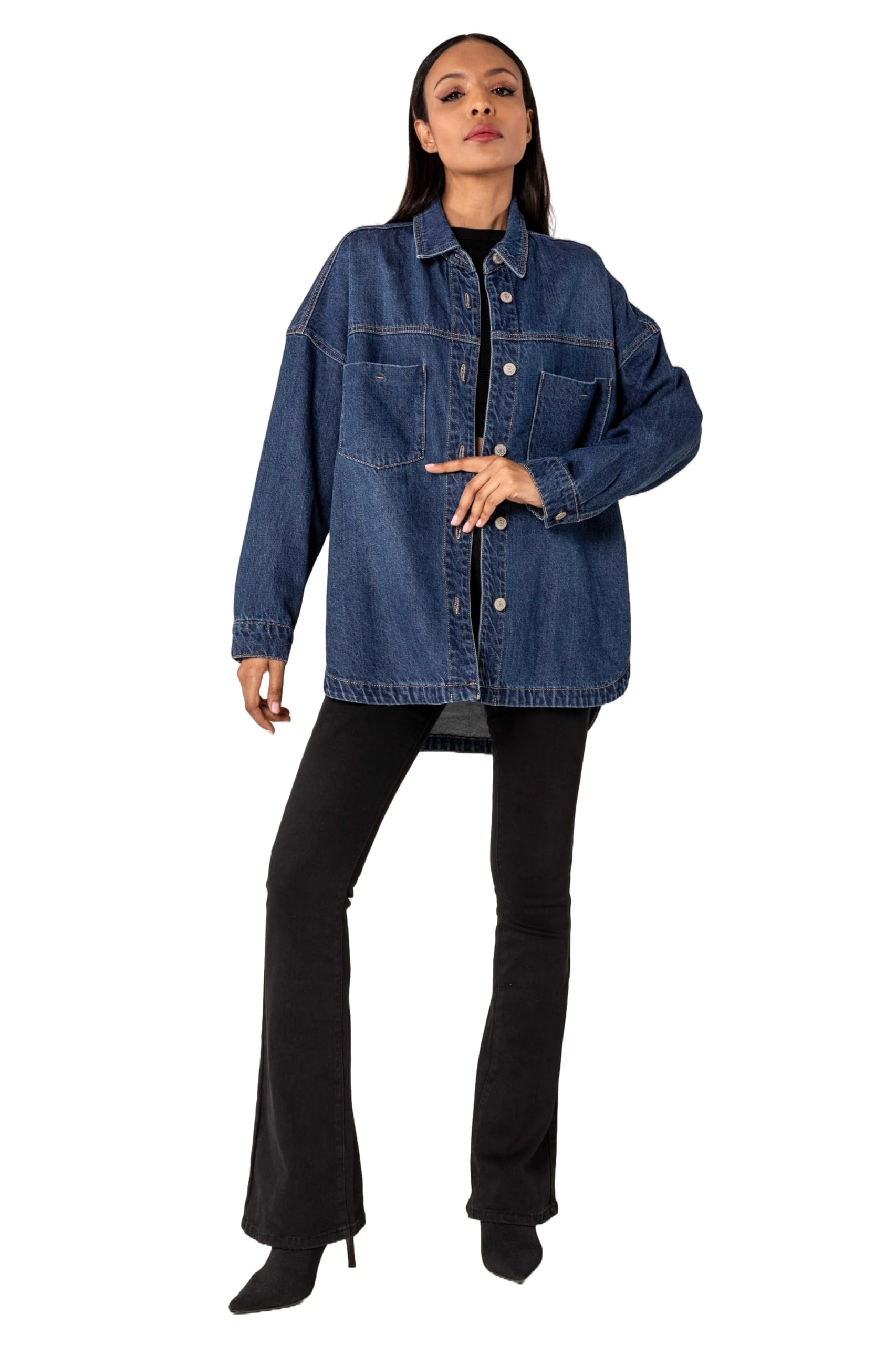 Nina Carter S539 Camisa vaquera de gran tamaño para mujer, chaqueta vaquera ligera, chaqueta de entretiempo, chaqueta de camisa con efecto de lavado, aspecto desgastado, informal