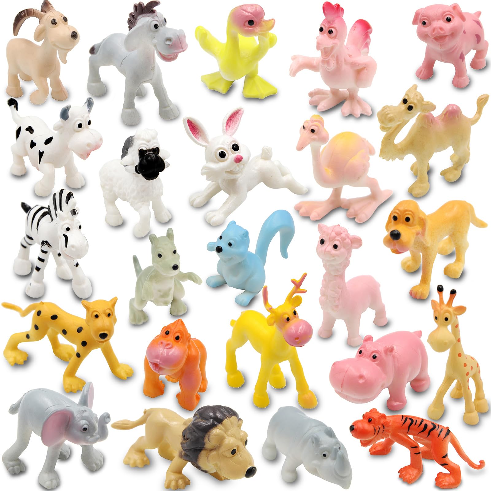 Pinowu Cartoon Animals 24pcs, Mini Wild Animals Toys Kit, Jungle Animal Figures Set - Tiger Lion Hippo Sheep Deer Duck for Kids Party Favors School Rewards Birthday Gift Educational Toy