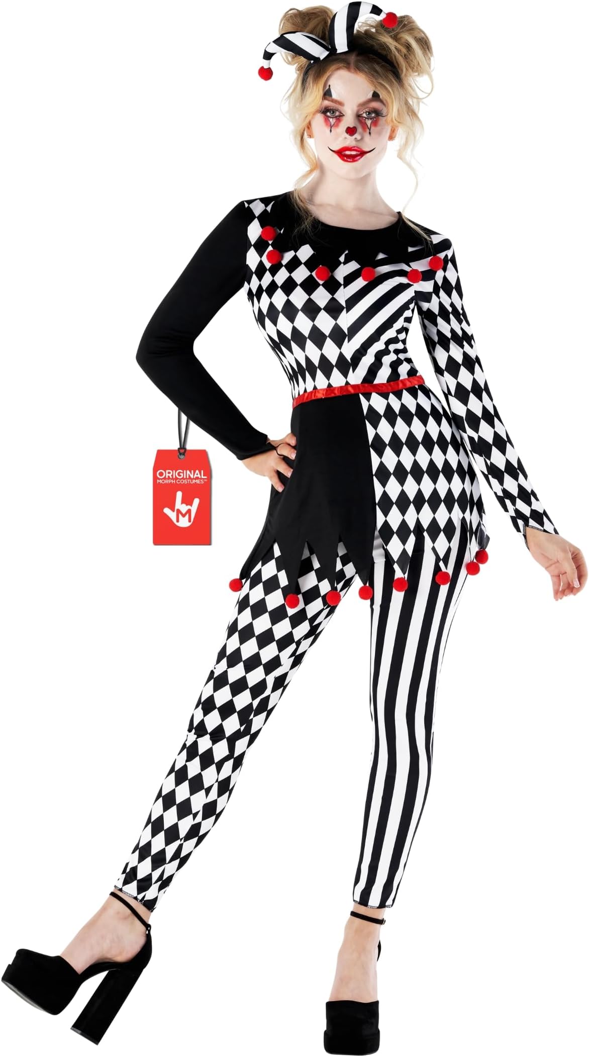 Morph Harlequin Jester Costume Halloween Femme Clown, Harlequin Dancy Dress, Womens Clown Halloween Costume