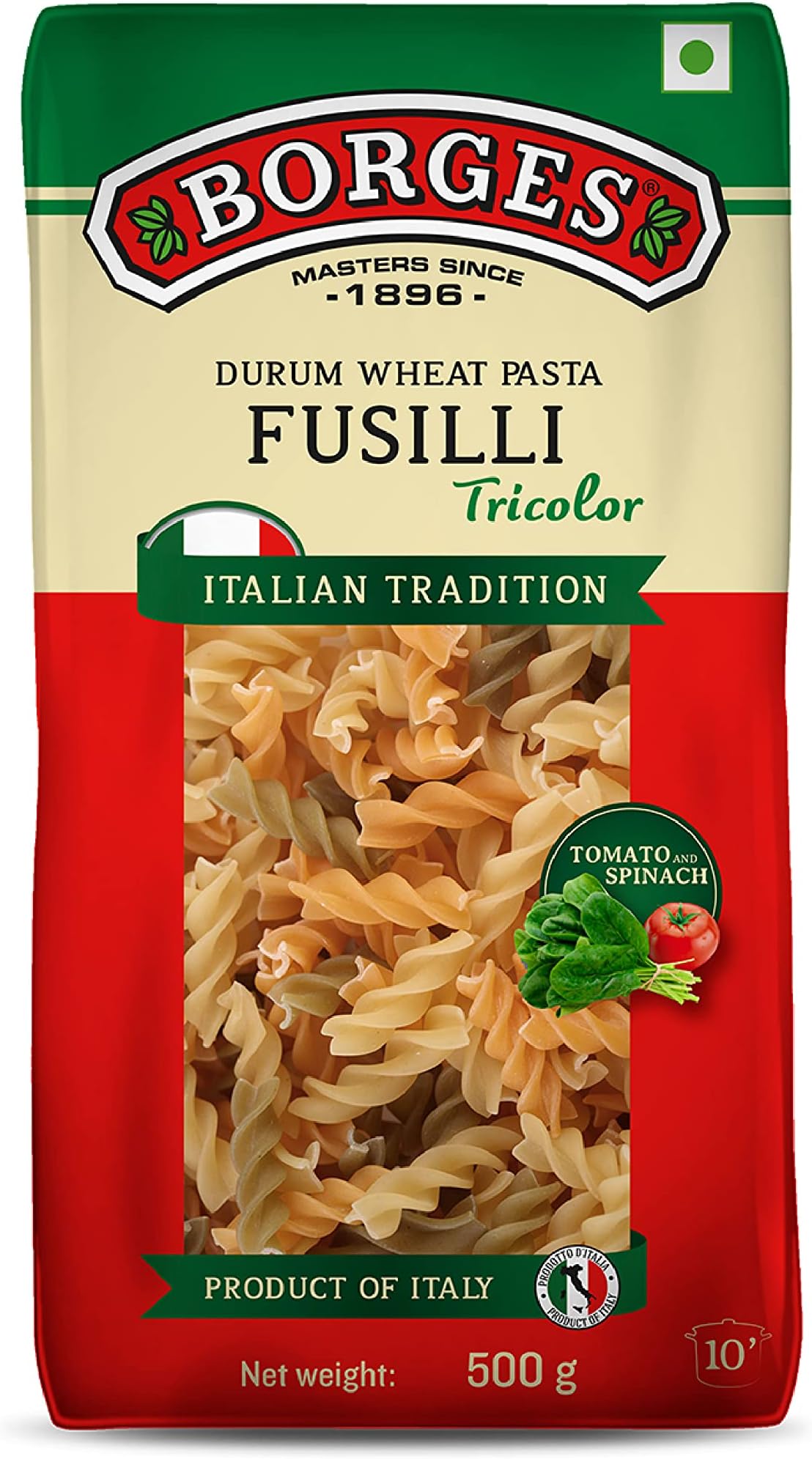 Borges Tricolour Fusilli Pasta - 500 gm | Imported from Italy | Include Real Tomatoes & Spinach | No added colour