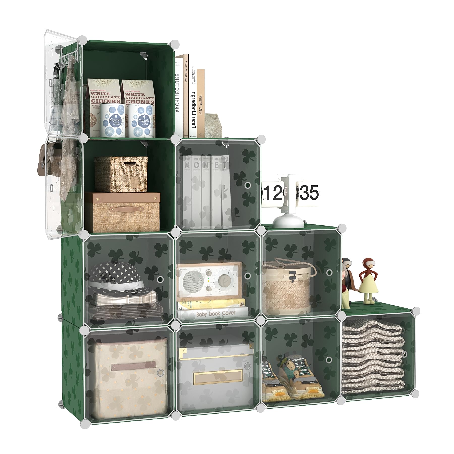 C&AHOME Organizzatore di contenitori a cubo con ante, ripiani a 12 cubi, armadio, libreria modulare in plastica fai-da-te ideale per camera da letto, soggiorno, verde