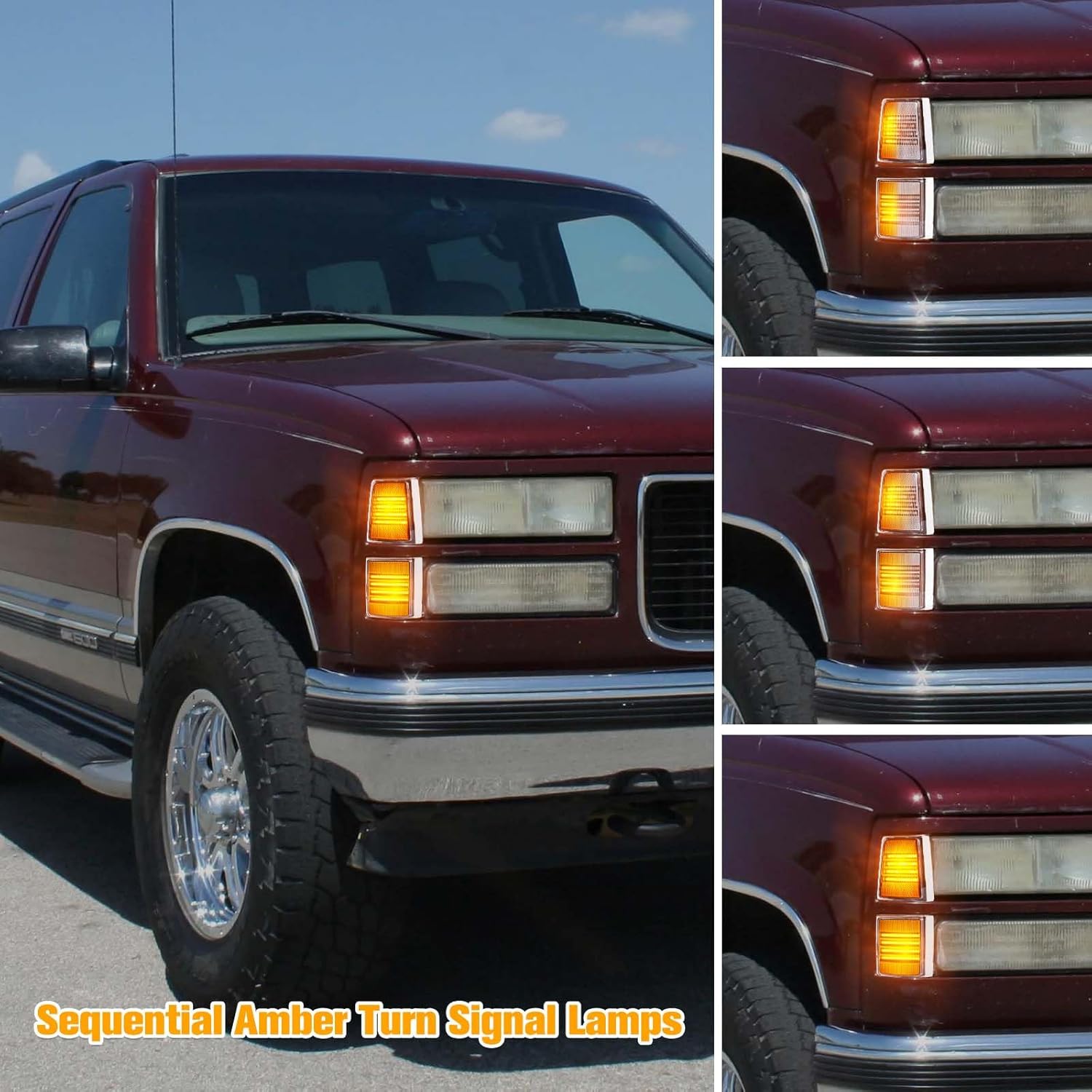 Gempro Sequential Amber LED Corner Side Marker Turn Signal Lights for 1995-1999 GMC Truck Suburban C/K 1500 2500 3500 Yukon Front Uper & Lower Grill Lights, 4PCS (Clear Len)