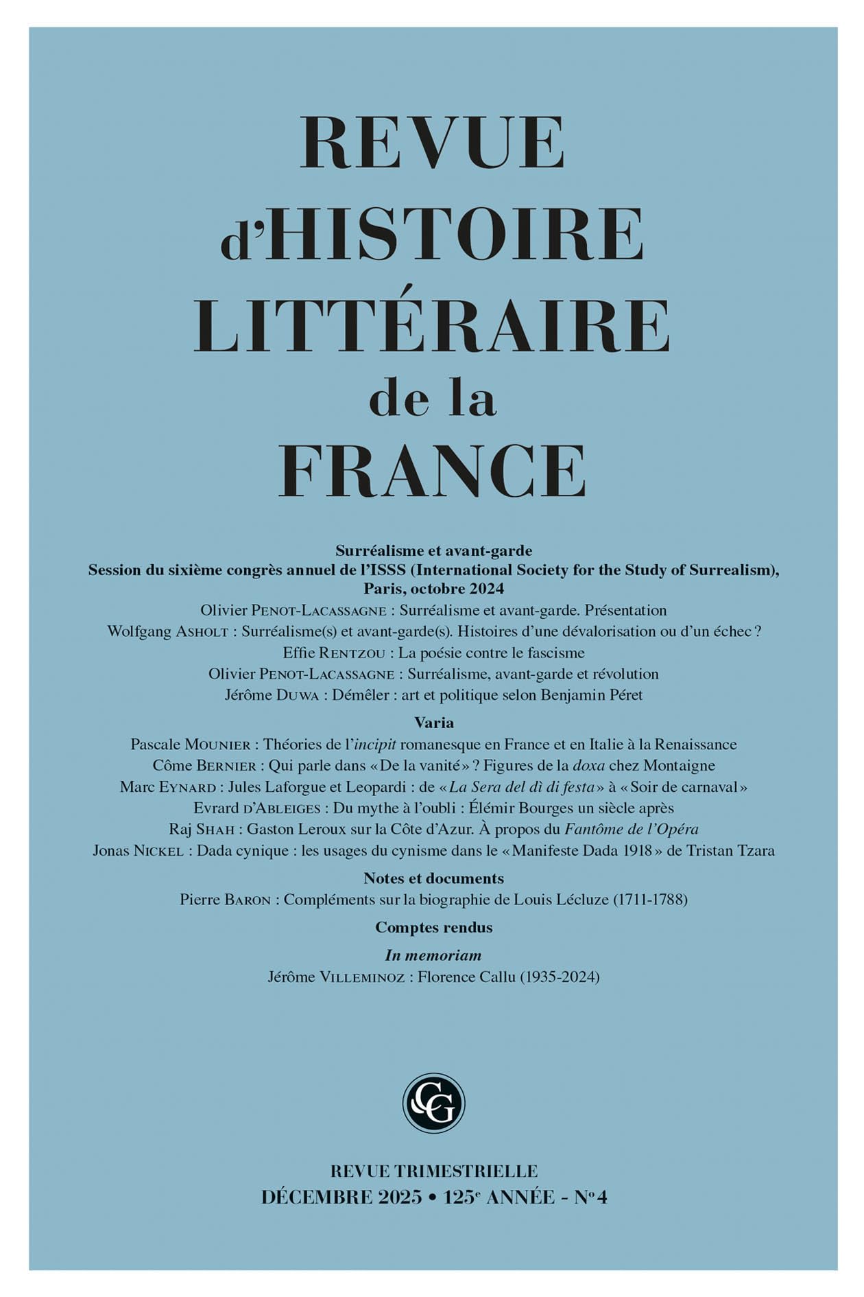 Revue d'Histoire littéraire de la France (4 - 2025, 125e année, n° 4)