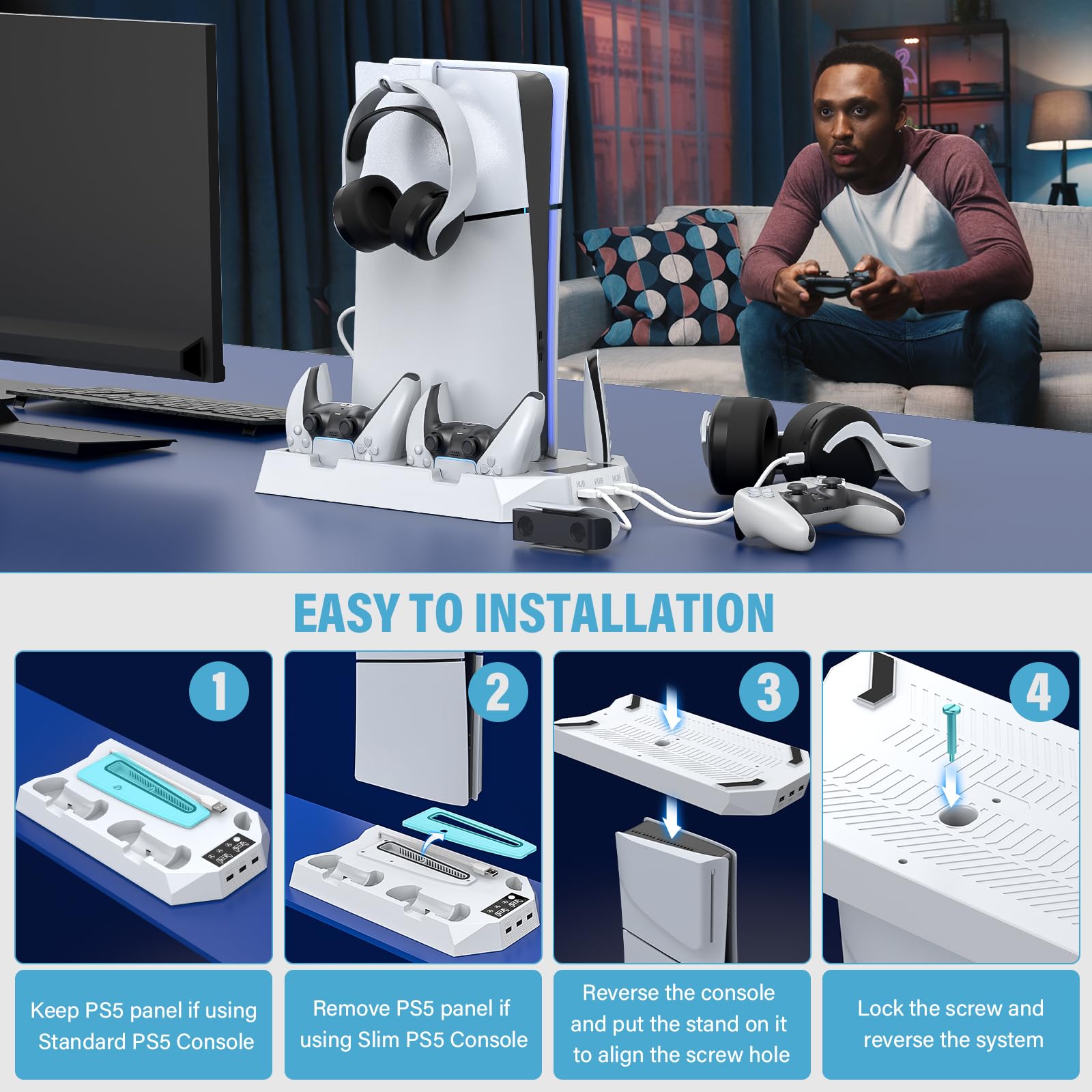 PS5 Slim Stand e stazione di raffreddamento con controller stazione di ricarica per Playsation 5 Slim & Standard Disc/Digital Console, PS5 Accessori Incl. Controller Charger/Turbo Fan/3 USB Hub