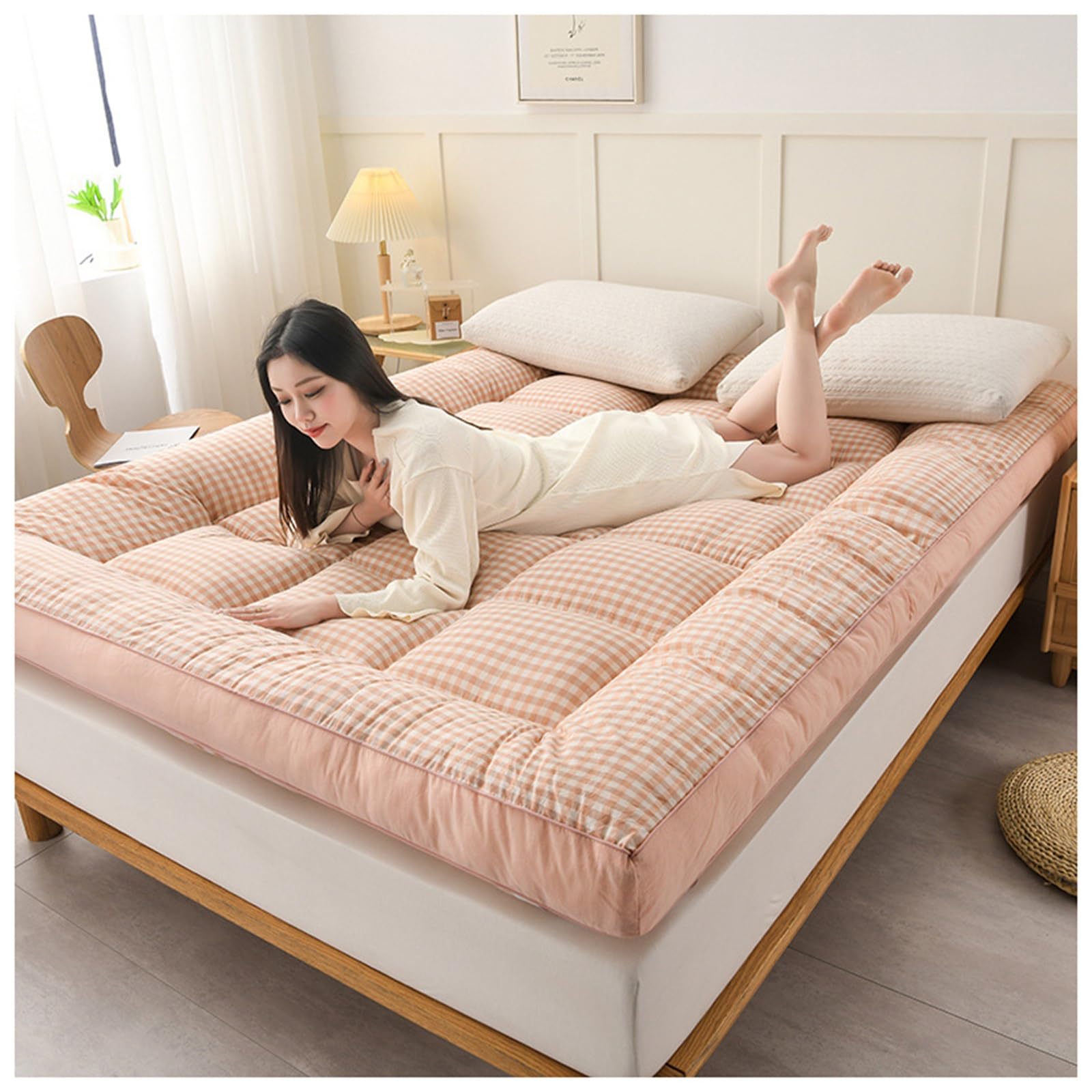 Colchón japonés para Suelo, Colchón Tatami futón japonés for Suelo, colchón for Dormir, Cama for Invitados, Multicolor, Varios tamaños(Pink Plaid,120x200cm)