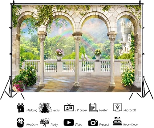 Miniatura 3 de Haoyiyi Telón de fondo de boda de 10 x 6.5 pies, castillo, pilar blanco, mármol, ladrillo, hojas verdes, flores de bosque, arco iris, fotografía,