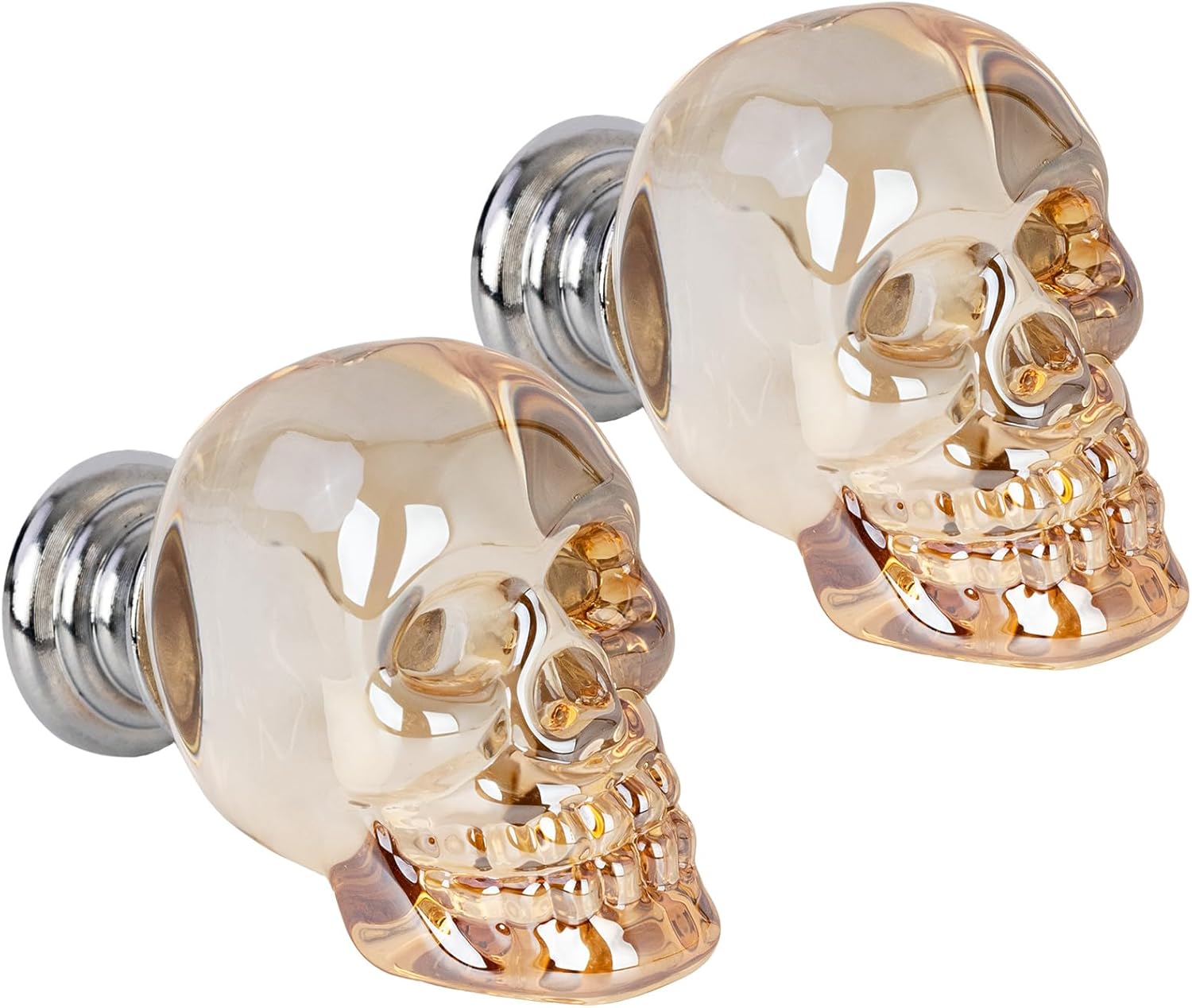 2 Pack Skull Skeleton Cabinet Knobs, Transparent Crystal Pulls, Clear Glass Door Handles for Dresser Closet Furniture (Champagne Gold)