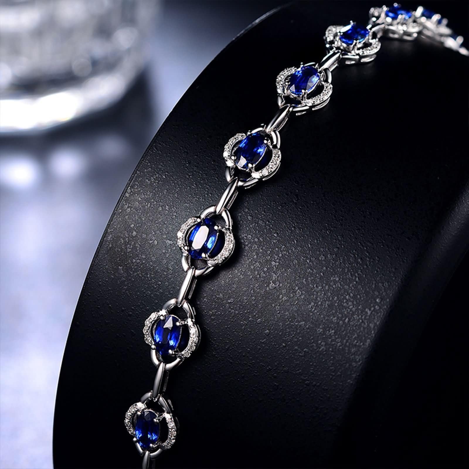 Pulseras Mujer de Oro Blanco 9K / 14K / 18K, Hueco y Oval con Zafiro y Diamante, Cadena Extensible 16 CM + 5 CM, Pulseras de Ajustable Mujer de Plata Azul