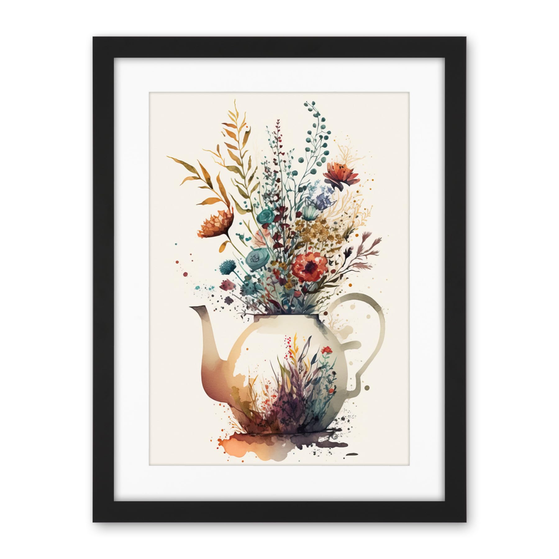 Artery8 Wildflower Bouquet Teapot Vase with Floral Design Artwork Framed Wall Art Print 18X24 Inch