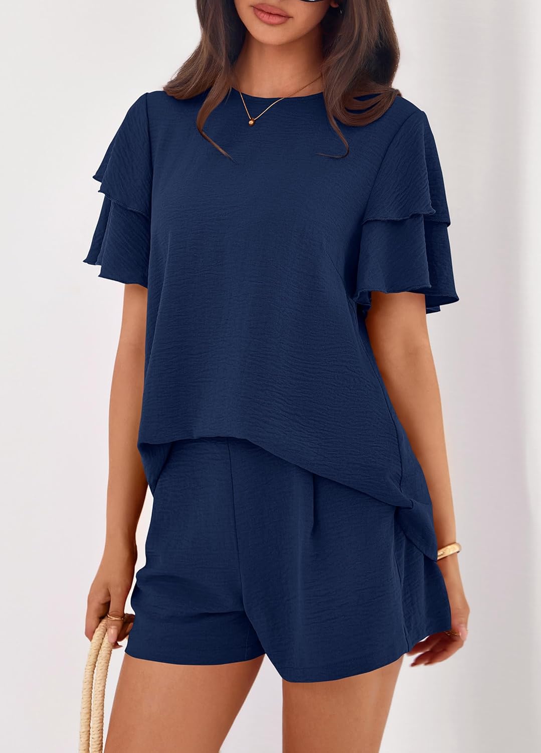 KIRUNDO Two Piece Sets For Women Summer Casual Loose Ruffle Short Sleeve Matching Shorts Sets Beach Vacation Cruise Outfits - Image 5