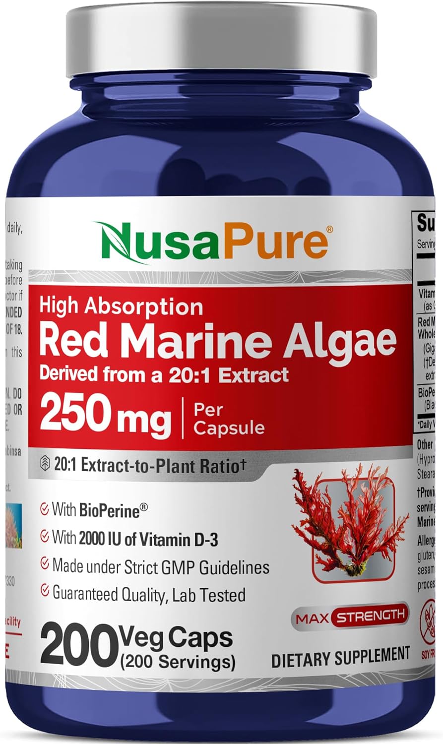 NusaPure Red Marine Algae Capsules, 250 mg, 200 Veg Capsules (Soy Free, Non-GMO)