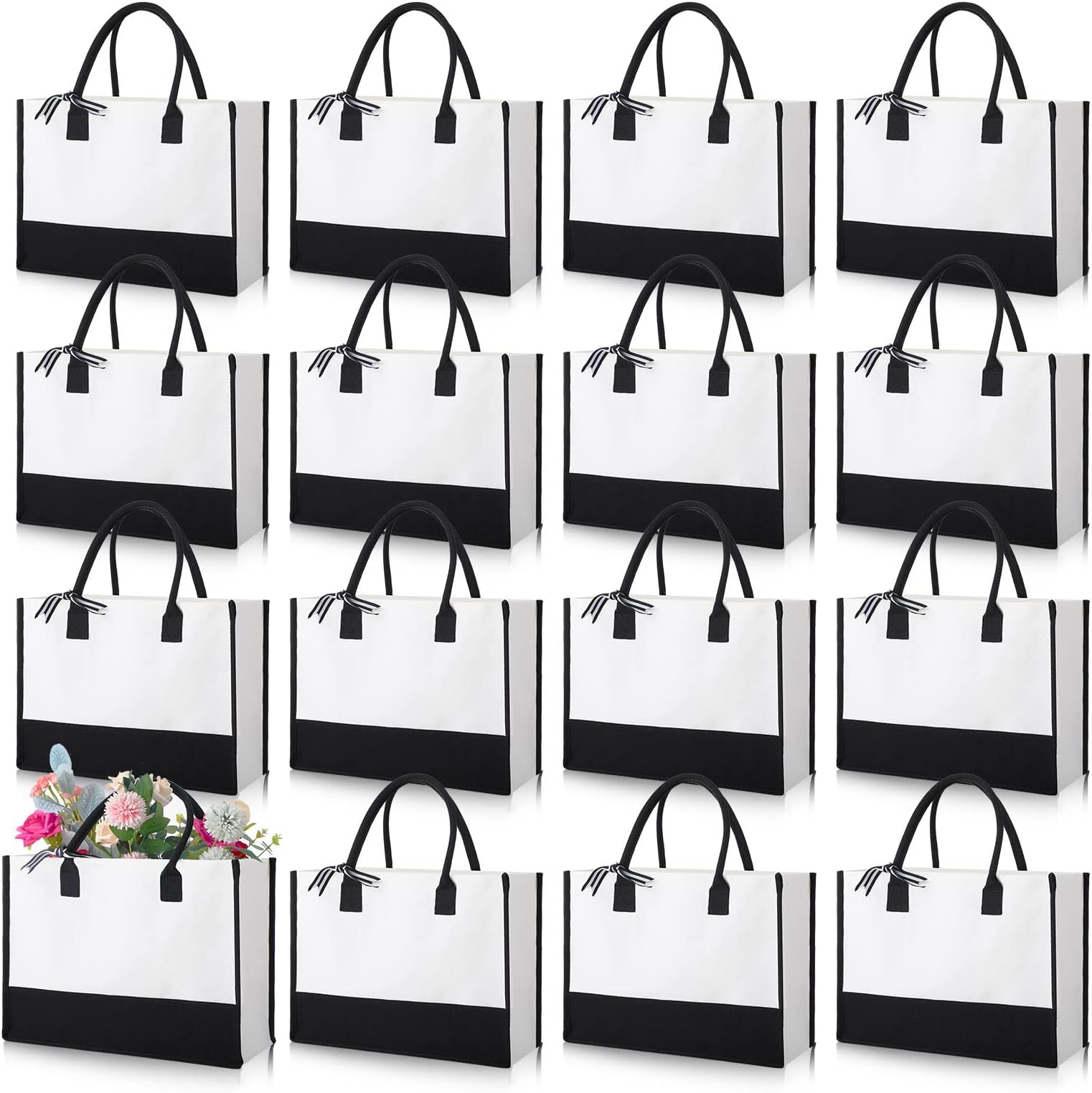 Reginary 12 Pack Canvas Tote Bags Initial Classic Present Personalized Canvas Beach Bag for Wedding, Birthday, Beach(Black and White)