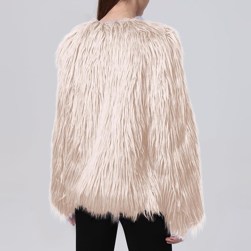 Women Faux Fur Coat Long Sleeve Pockets Cropped Jacket Warm Winter