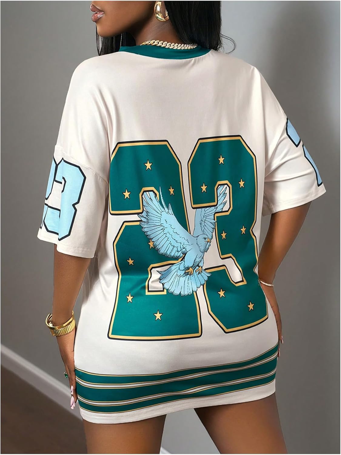 MakeMeChic Women's Jersey Dress Number Half Sleeve V Neck Oversized Y2K T Shirt Dresses - Image 2