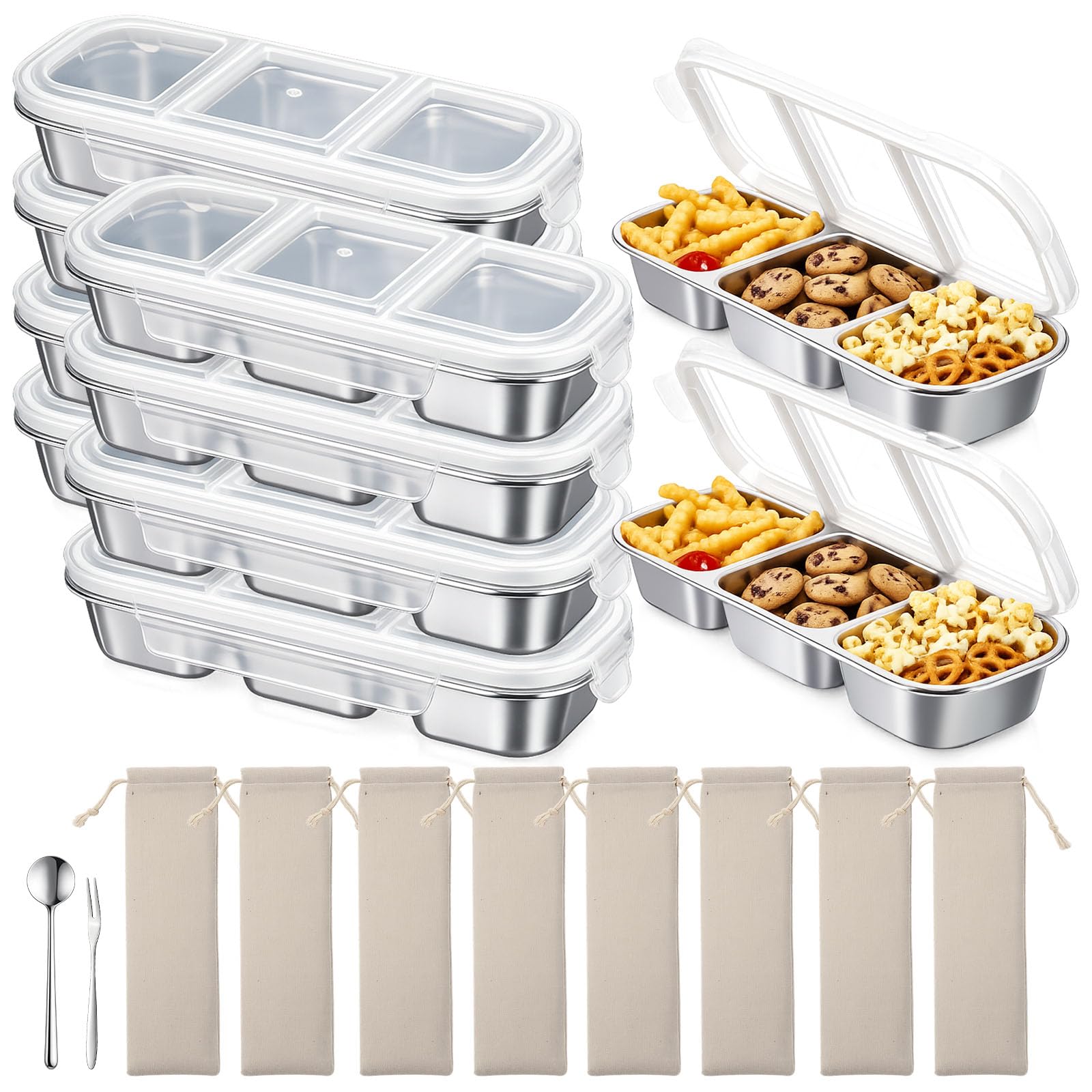 8 Sets Stainless Steel Snack Containers with Lids, 3-compartment