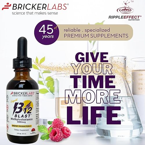 Miniatura 9 de Bricker Labs B12 Blast Metilcobalamina 5000mcg, Vitaminas energéticas líquidas sublinguales de gran sabor - Vitaminas B12 veganas, energía sostenida