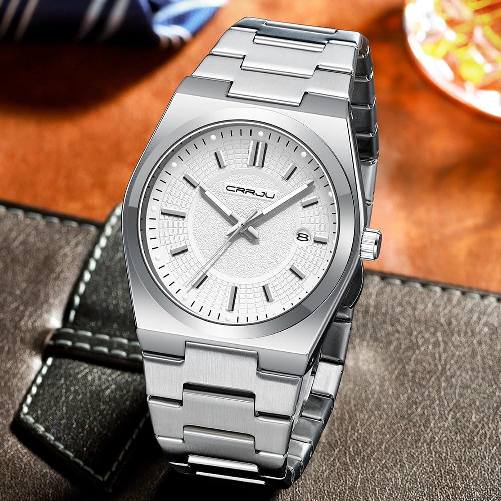 CRRJU Watches for Men,Fashion Luxury Luminous Analog Quartz Wristwatches,Business Man Calendar Watches Silver — view 5