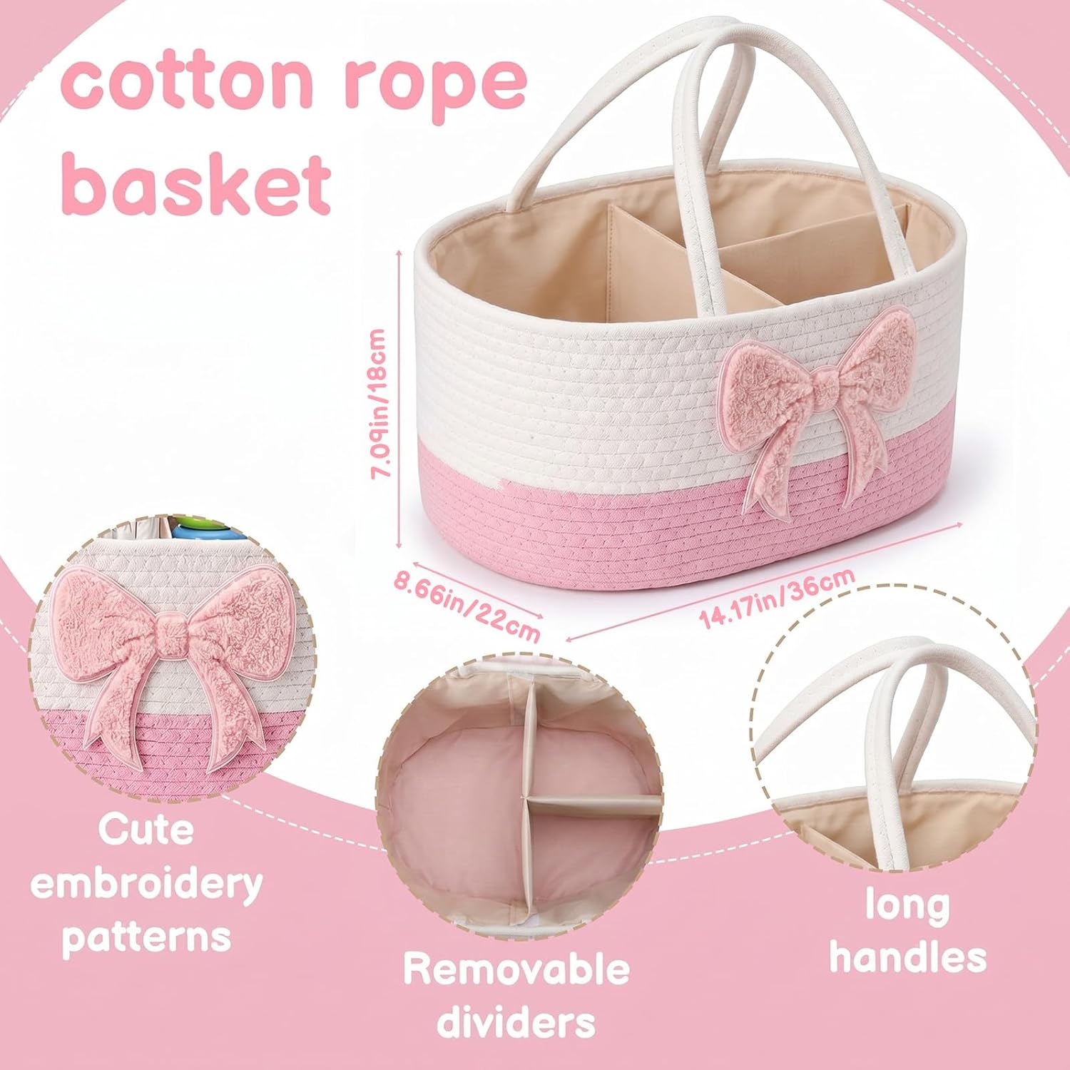 Diaper Caddy Organizer Cotton Rope Diaper Caddy Basket Pink Bow Empty Gift Basket Nursery Storage Bin and Car Organizer with Removable Divider Baby Shower Gifts Newborn Essentials