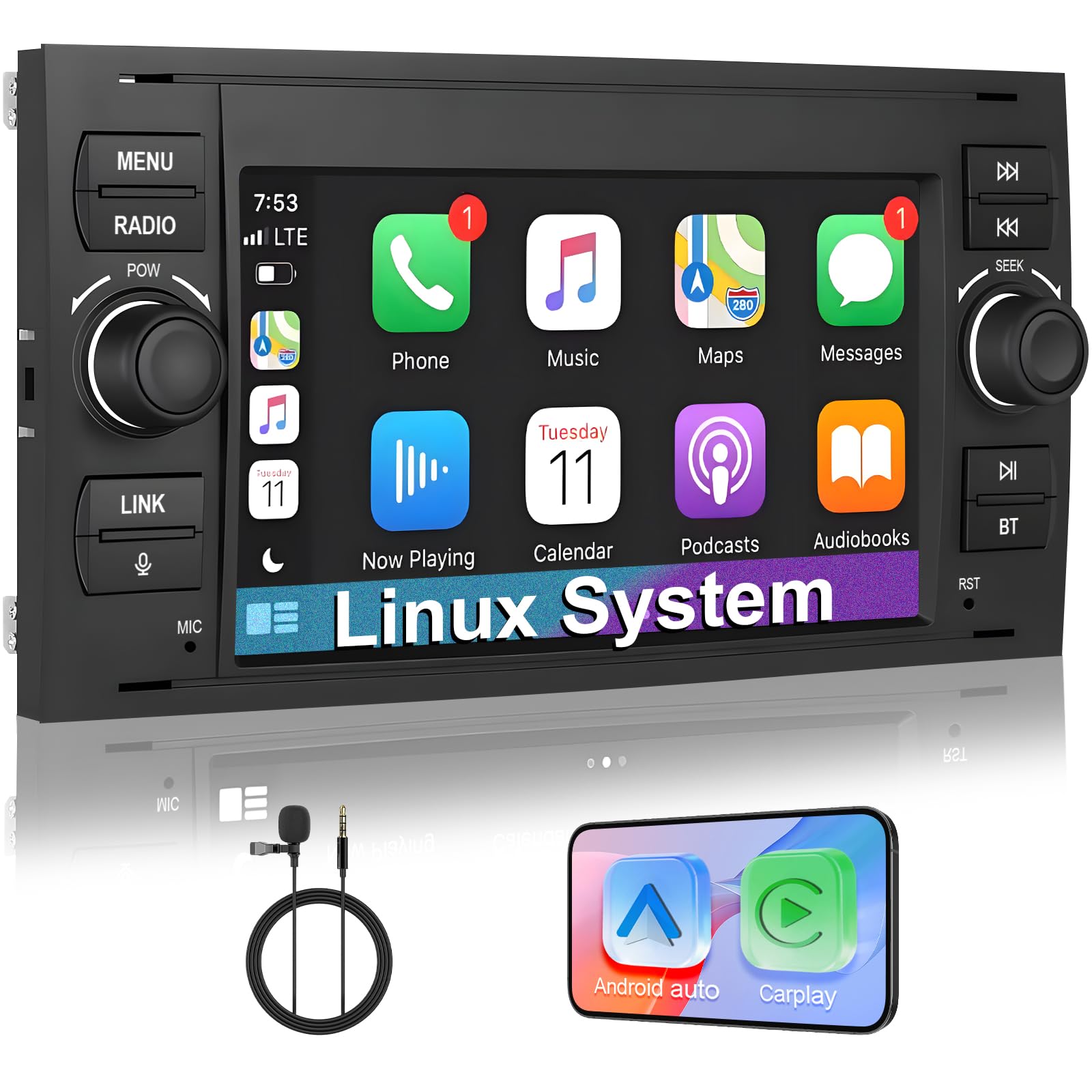 Autoradio, pour Ford Focus 2005-2008, Ford Fiesta 2006-2008, Ford Transit 2007-2012, et Ford Kuga 2008-2011. Prend en charge CarPlay sans fil/filaire, Android Auto. Radio prend en charge AM