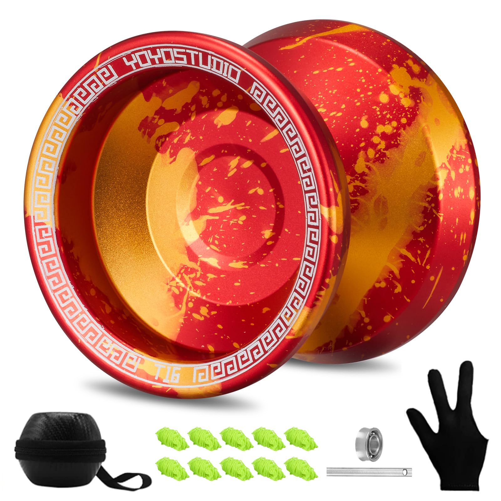 YOYOSTUDIO T16 Dual Purpose Yoyo Professional Responsive Yoyo for Kids 8-12 Beginner Metal Yo yo for Adults with Unresponsive Yoyo Bearing Kits, 10 Yo-Yo String, Yoyos Case & Glove (Red and Gold)