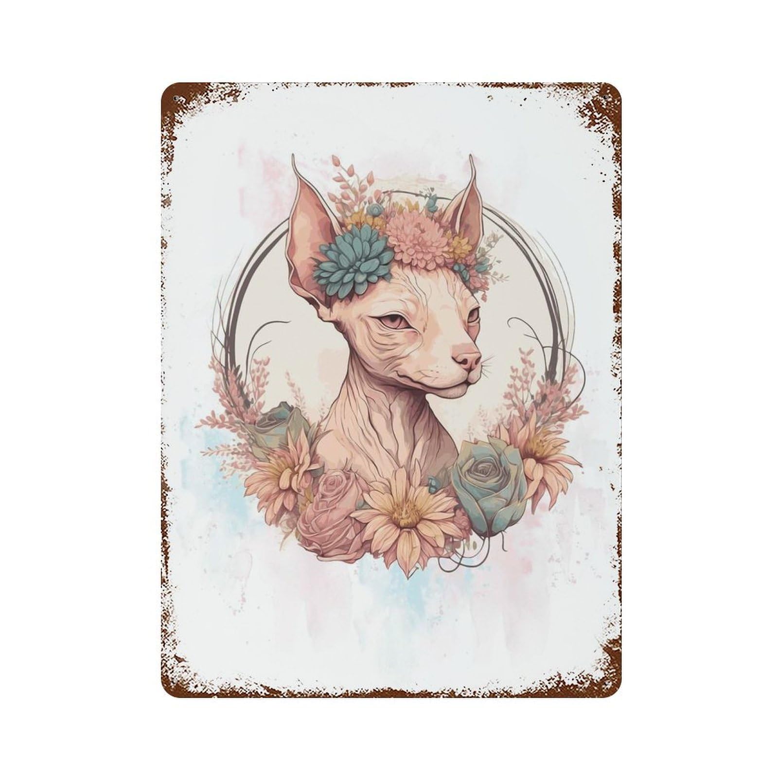Watercolor Sphynx Cat 15.7"x11.8" Distressed Metal Wall Sign, Shabby Chic Decor for Shed, Workshop And Garage Wall Decor