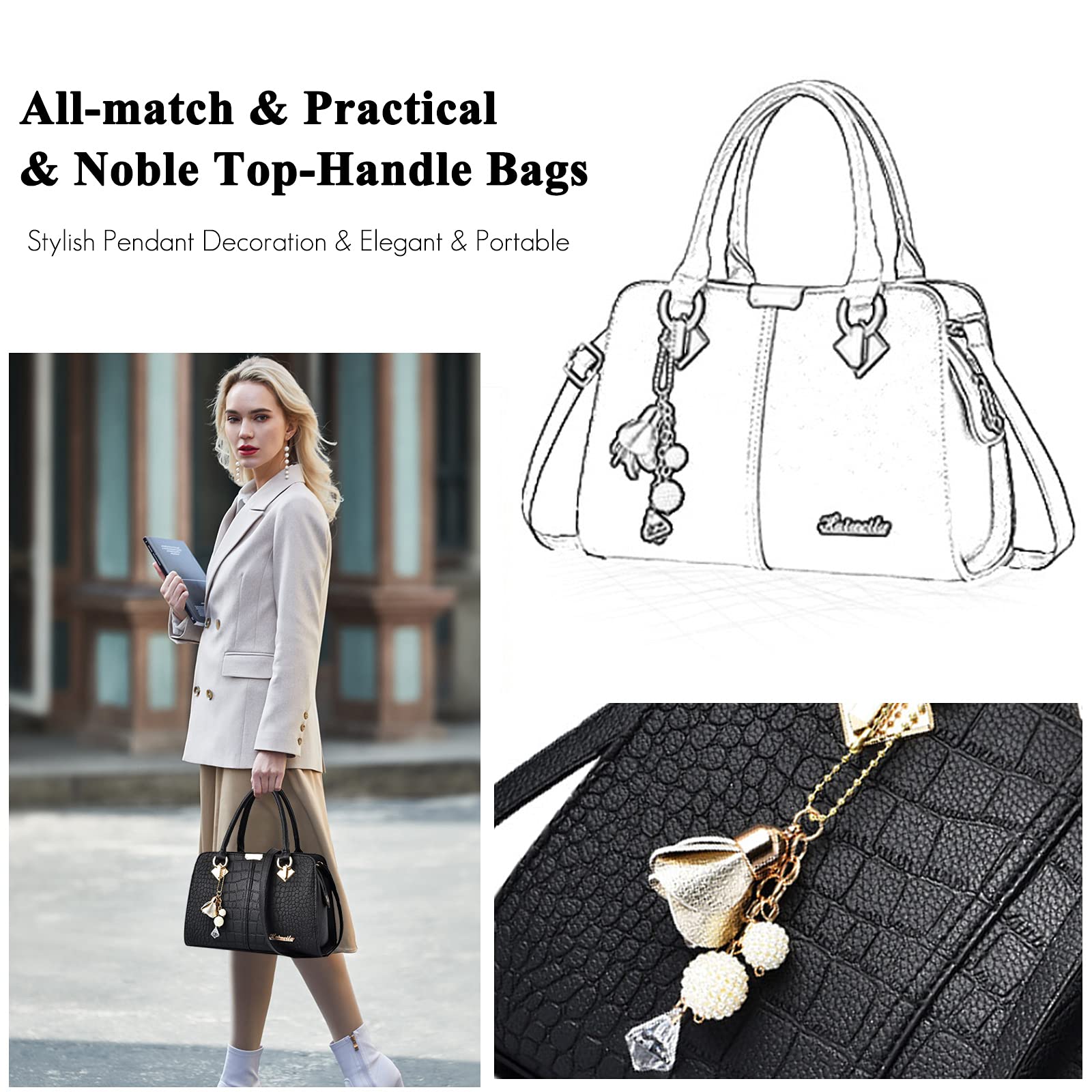 FANDARE Elegante Borsa da Donna Borsa a Mano Borsa a tracolla Spalla Borse Tote da donna Borsetta per Shopping Viaggio Partito Sacchetto Borsetta in Pelle PU Nero B