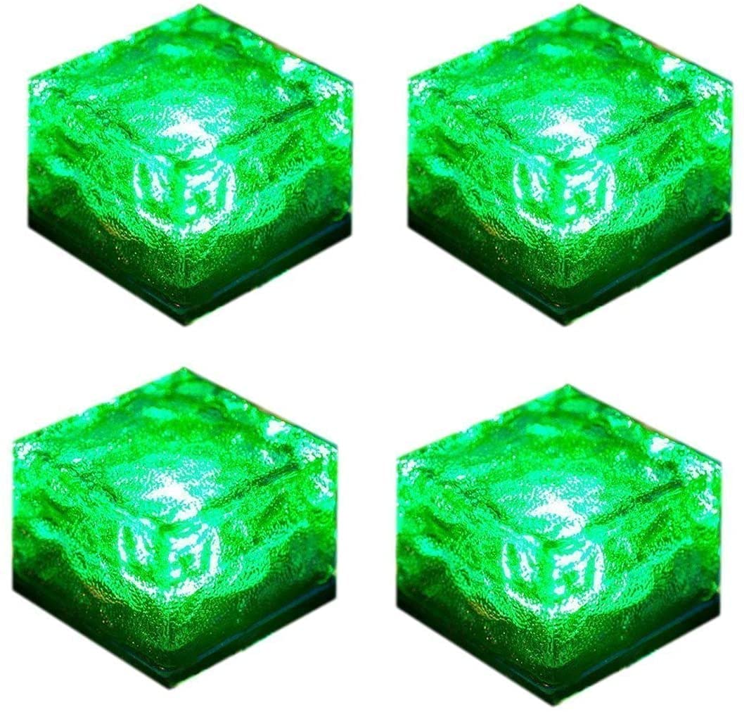 zhonghua Solar Brick Ice Lights, Solar Landscape Light Ice Cube Light Solar Ground Lights Waterproof for Garden Solar Glass Brick Lights (4 Pack, Green)