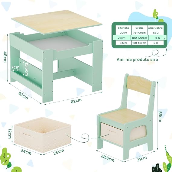 MAMIZO Children's Table with 2 Chairs 3-in-1 Children's Table Chair Set Children's Furniture Kindersitzgruppe aus Holz mit Stauraum & Bücherregalen Spieltisch Maltisch mit wendbarer Tischplatte ab 3 Jahren Grün
