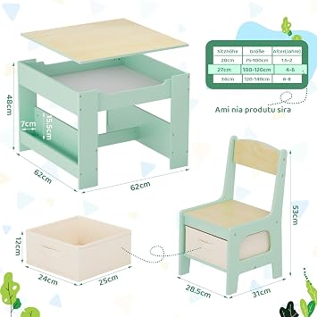 MAMIZO Children's Table with 2 Chairs 3-in-1 Children's Table Chair Set Children's Furniture Kindersitzgruppe aus Holz mit Stauraum & Bücherregalen Spieltisch Maltisch mit wendbarer Tischplatte ab 3 Jahren Grün