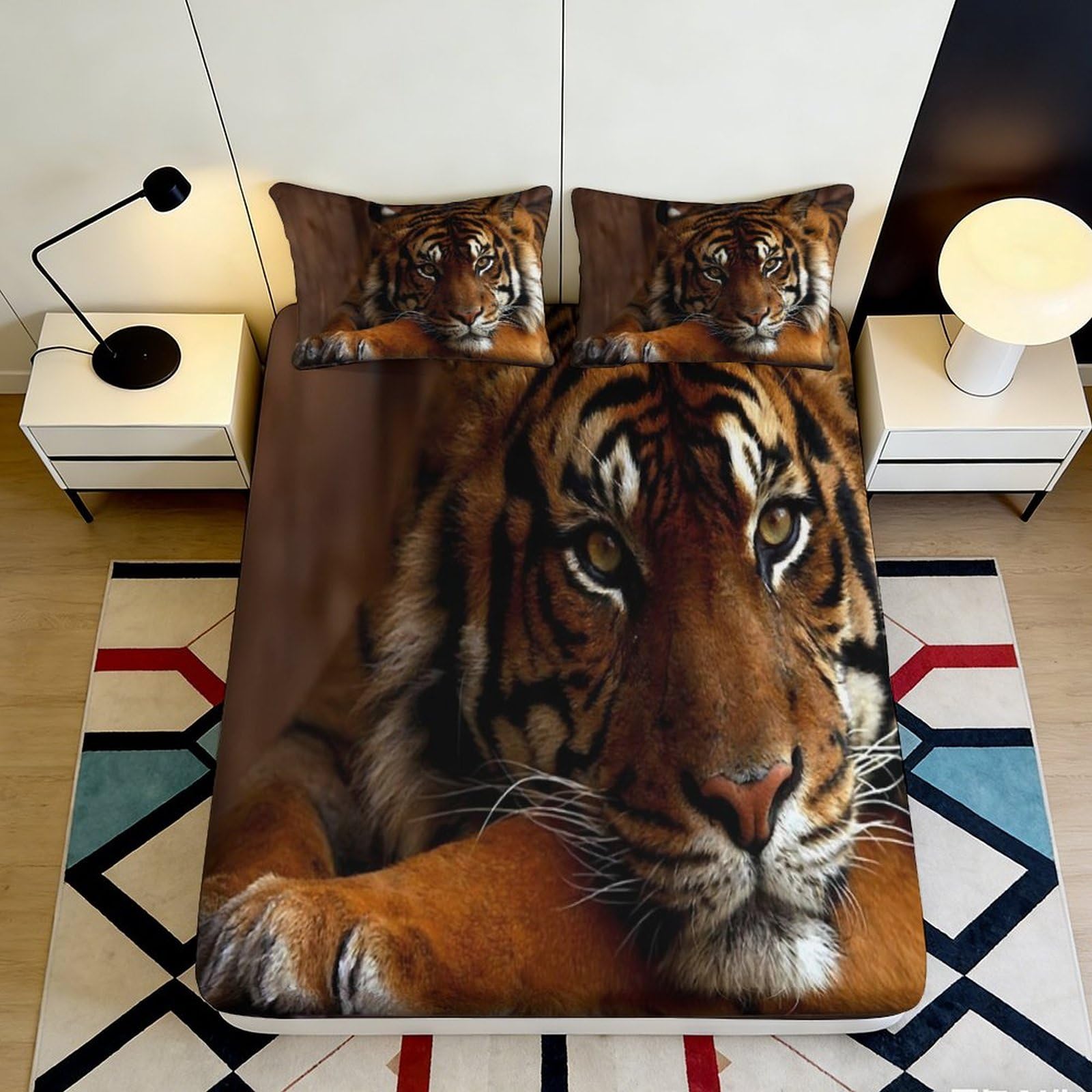 3D Printed Tiger Pattern Fitted Sheet Microfiber Soft Durable 3D Printed Tiger Face Mattress Cover for Bedroom Dormitory Guest Room Mattress Protection 140x200x25cm