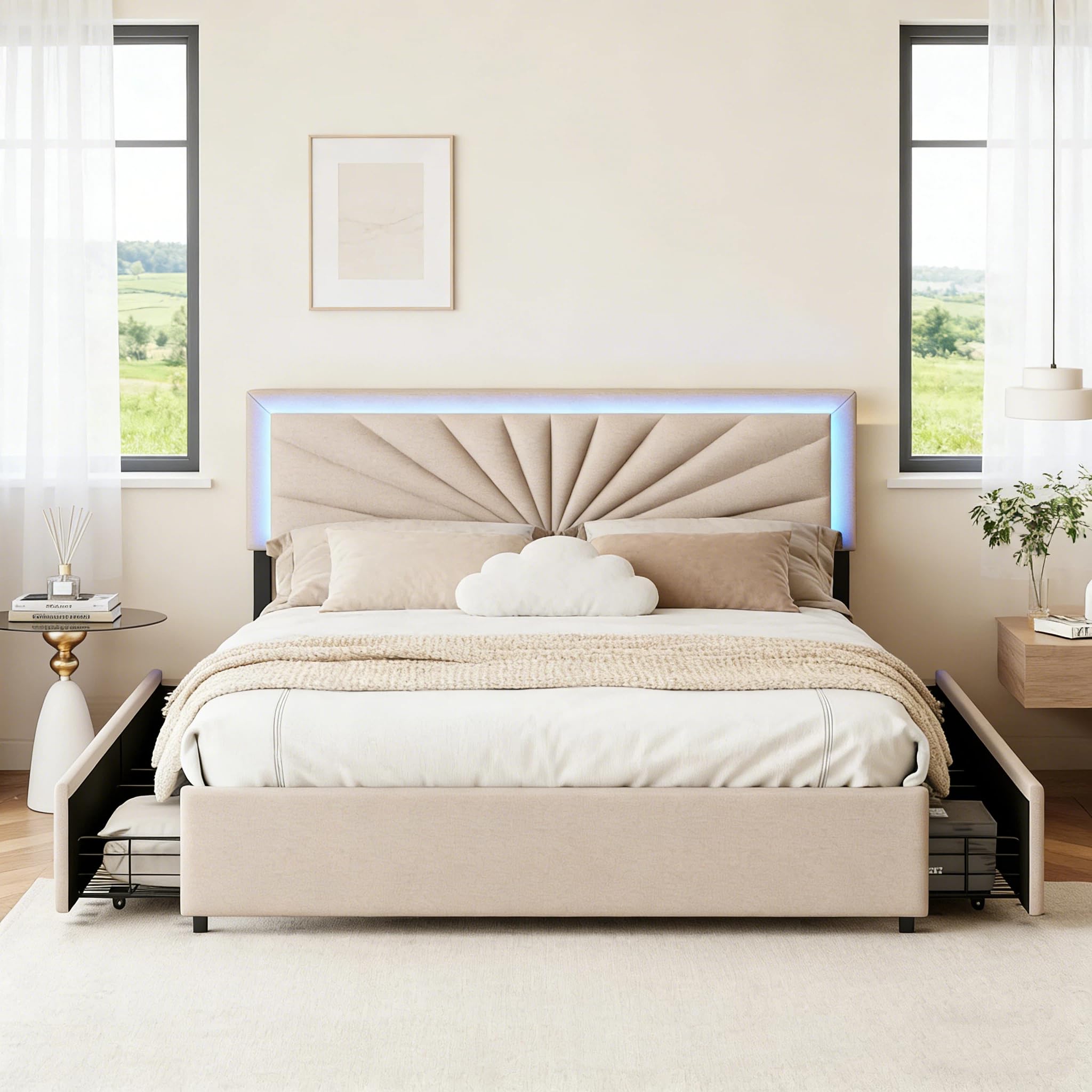 BRILVERDE Letto imbottito 160x200 con Contenitore, letto matrimoniale con LED, con 4 cassetti, letto funzionale con testiera, struttura letto con rete a doghe, Lino (Beige, 160 x 200 cm)