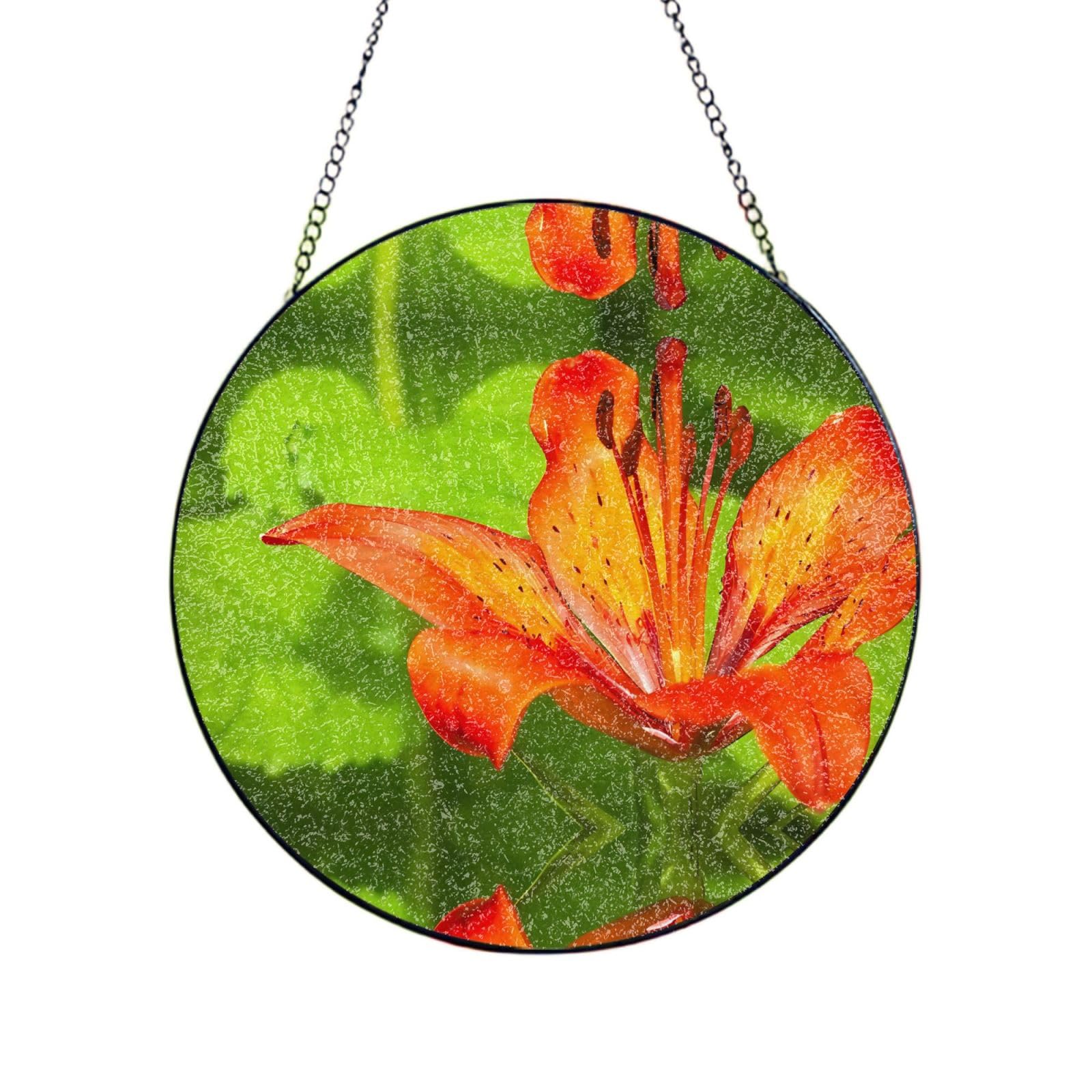 Phayah Tiger Lily Print Stained Glass Window Hanging Suncatcher For Door Terrace Garden Home Decor Sun Catcher Birthday Gifts For Lovers Dad Mom 6in（15cm）